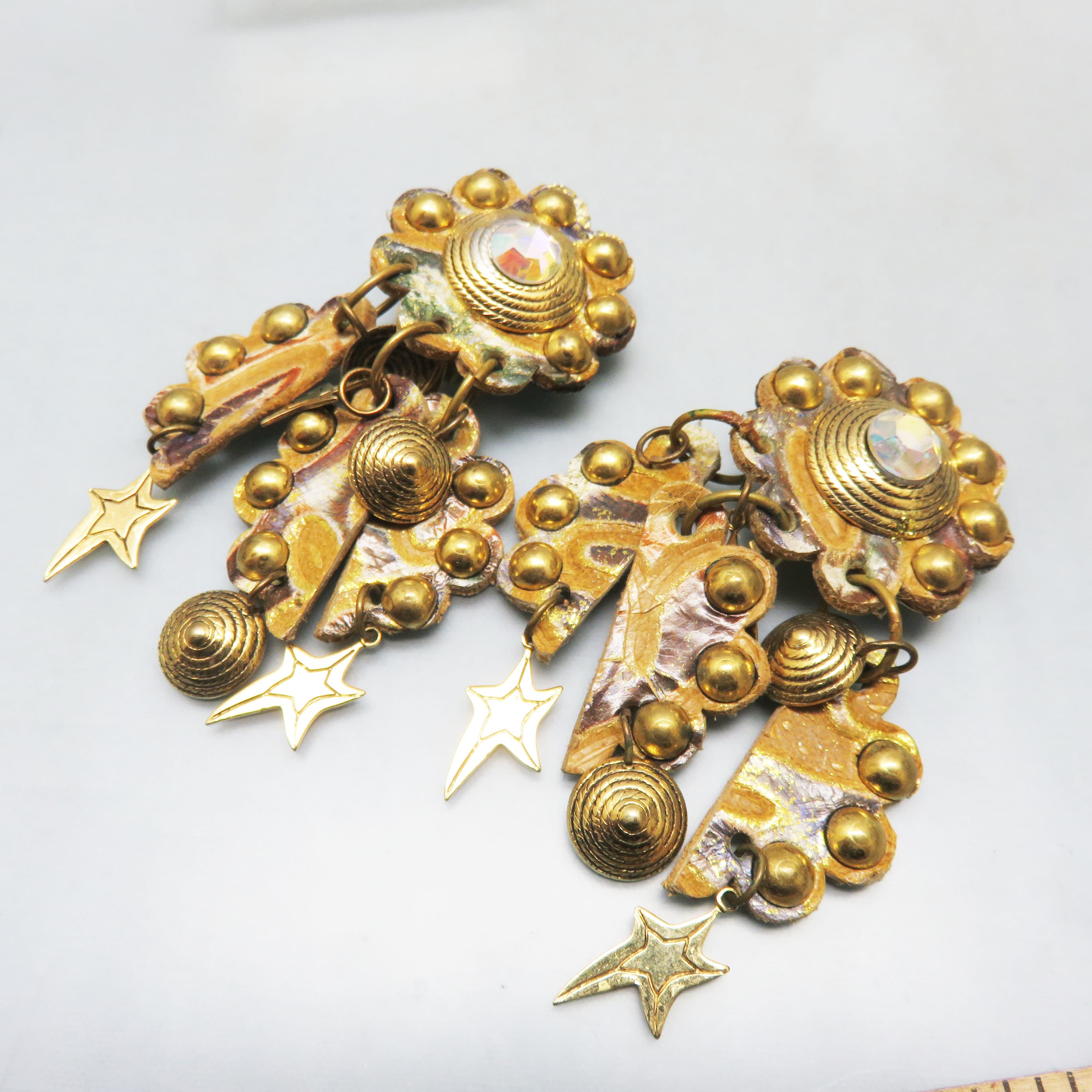 Vintage 1980s Celestial Leather Chandelier Clip Earrings