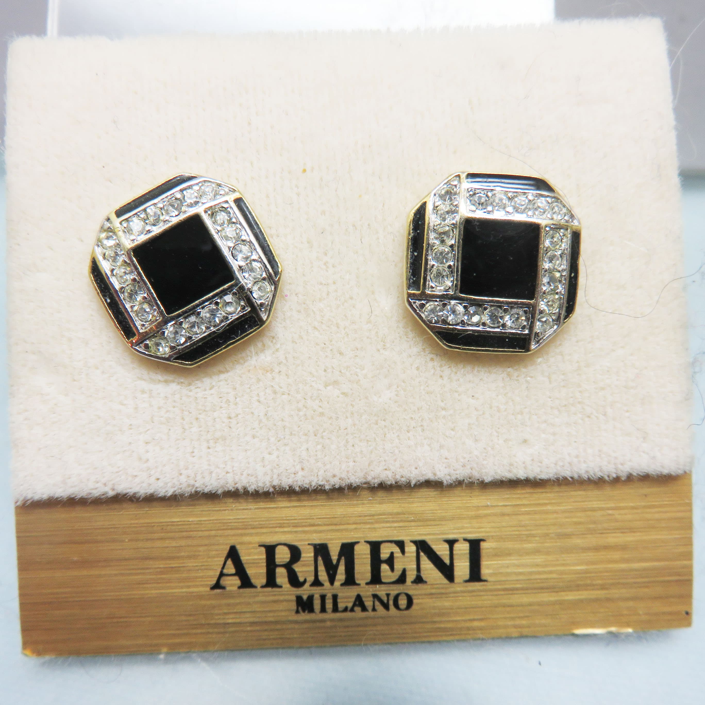 Vintage Black Enamel and Rhinestone Art Deco Post Earrings