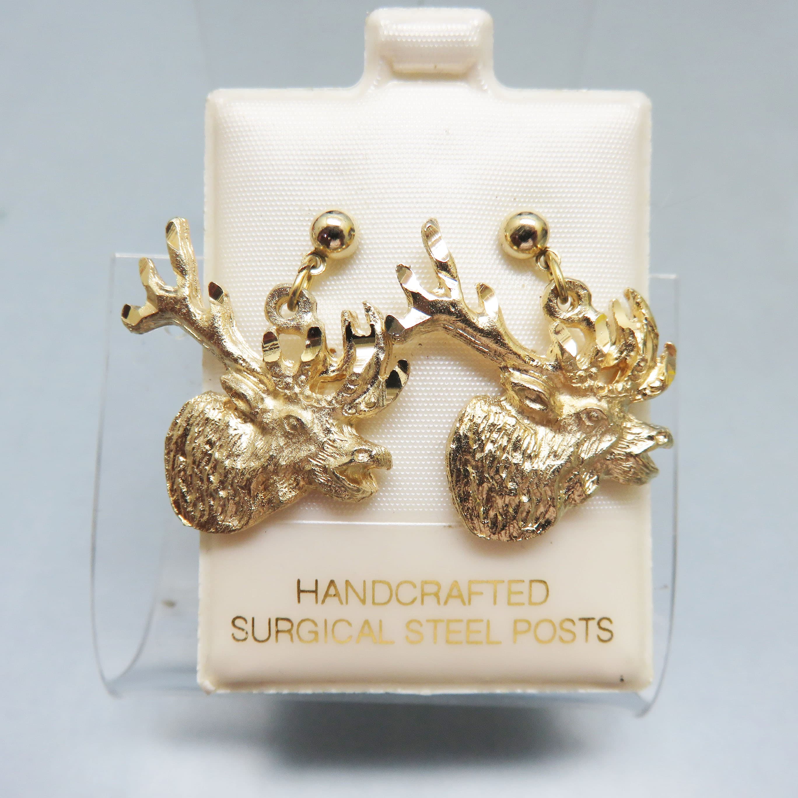 Vintage Gold-Plated Bugling Bull Elk Statement Pierced Earrings