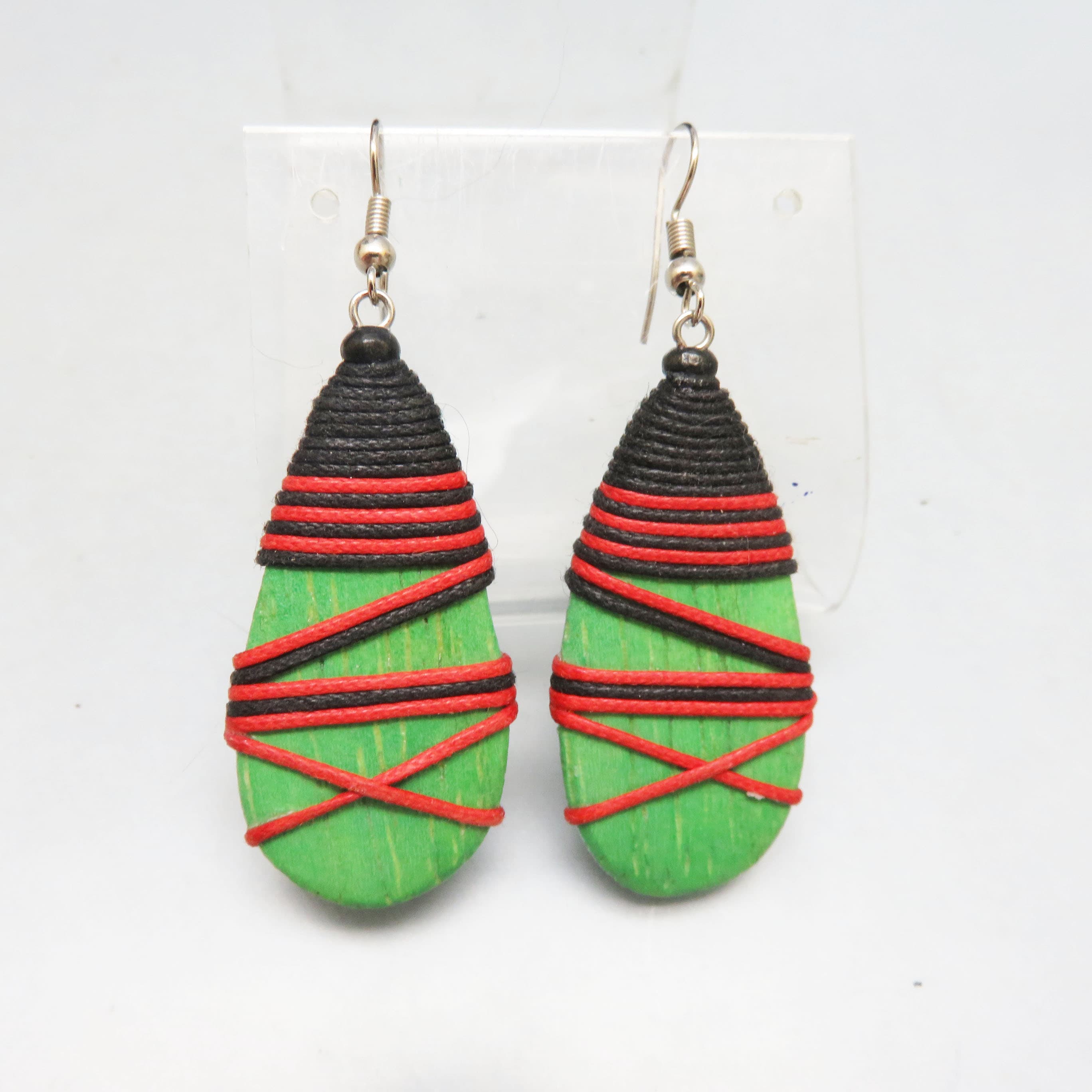 African-Inspired Painted Wood and Wrapped Cord Dangle Earrings