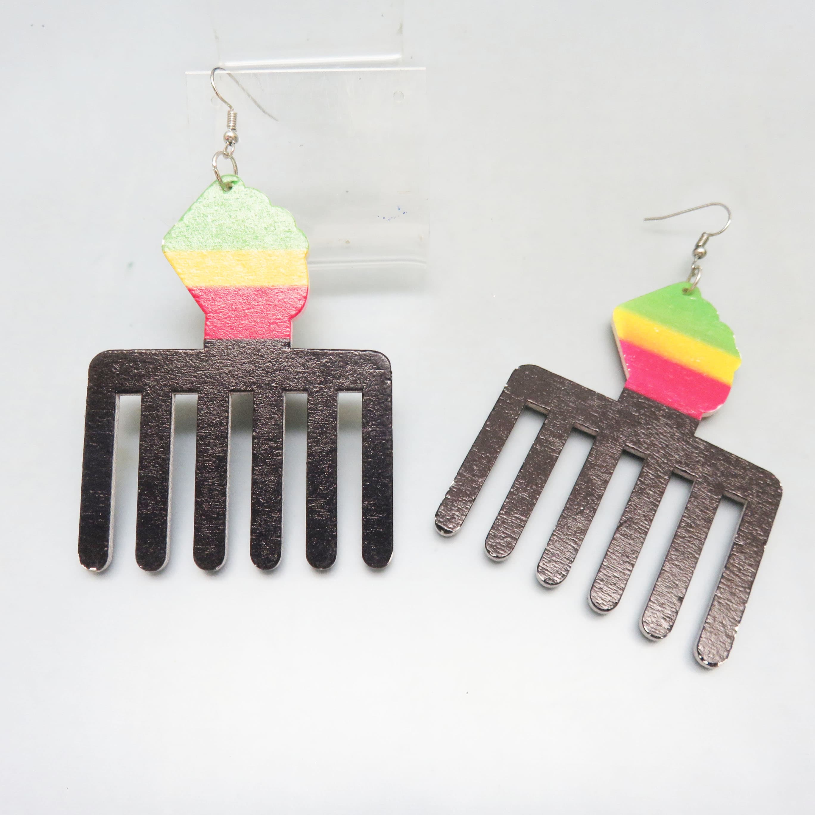 Handmade Wood Afro Pick Earrings in Pan-African Colors