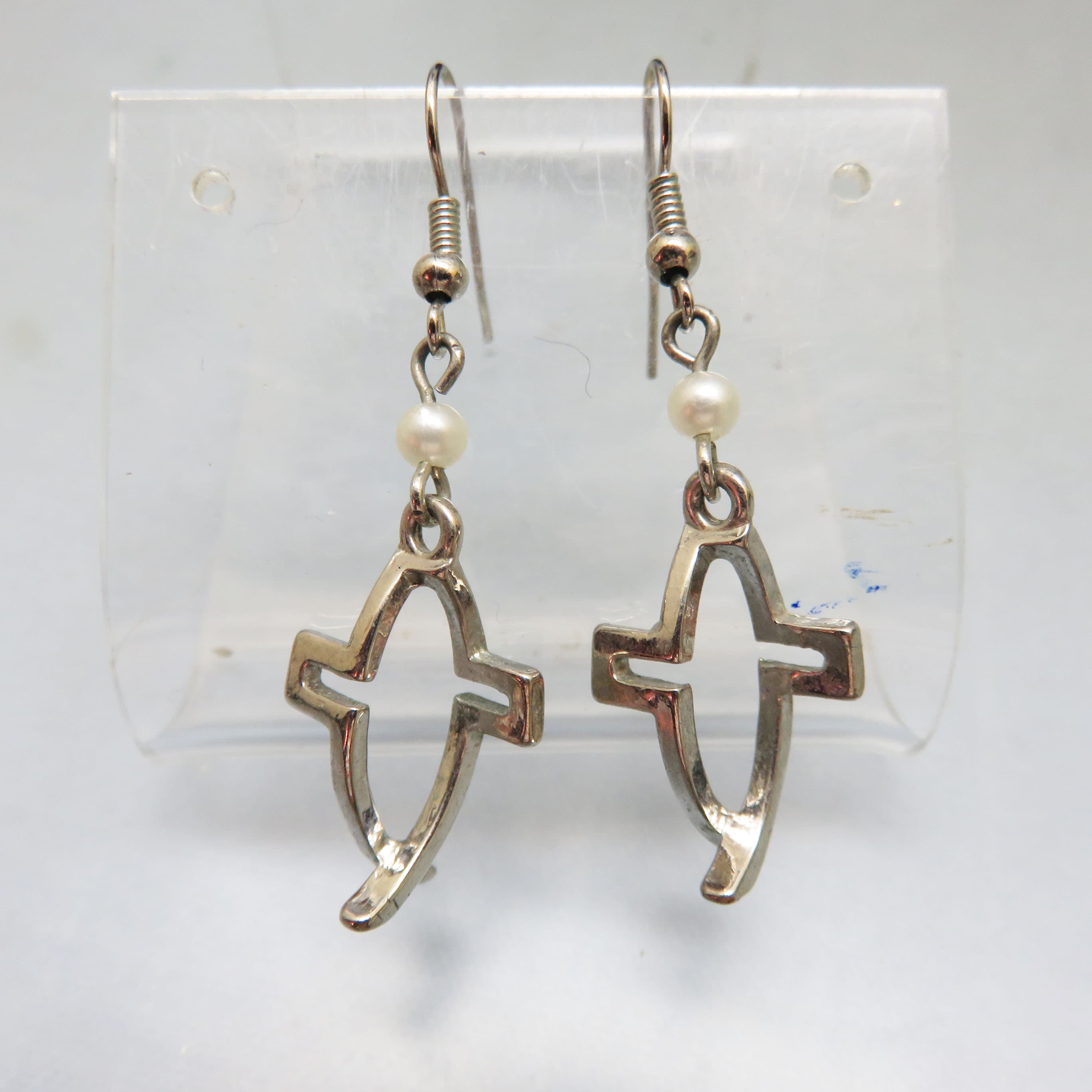 Silvertone Cross and Ichthys Christian Symbol Dangle Earrings