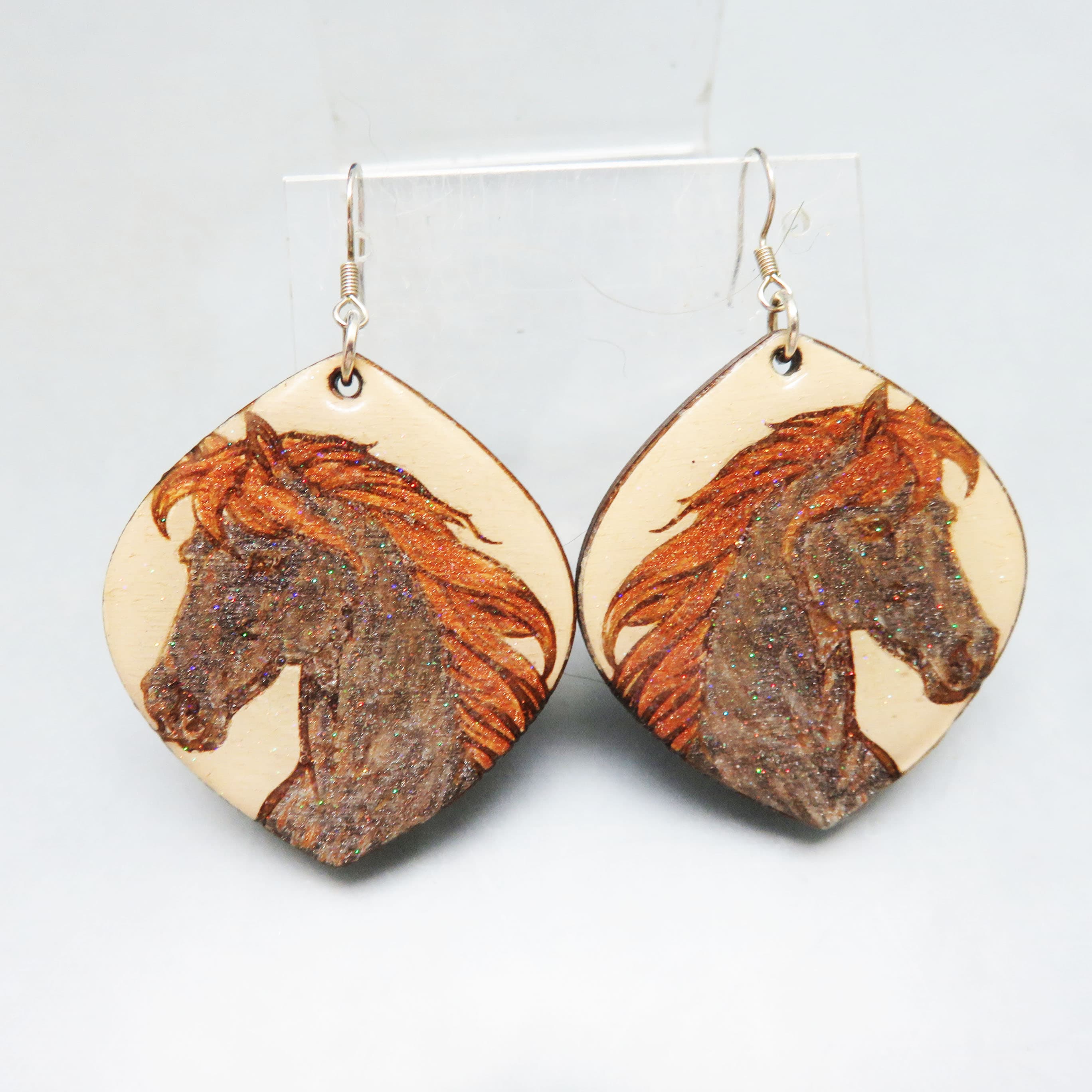 Handpainted Wood Horse Head Earrings with Sterling Silver Wires