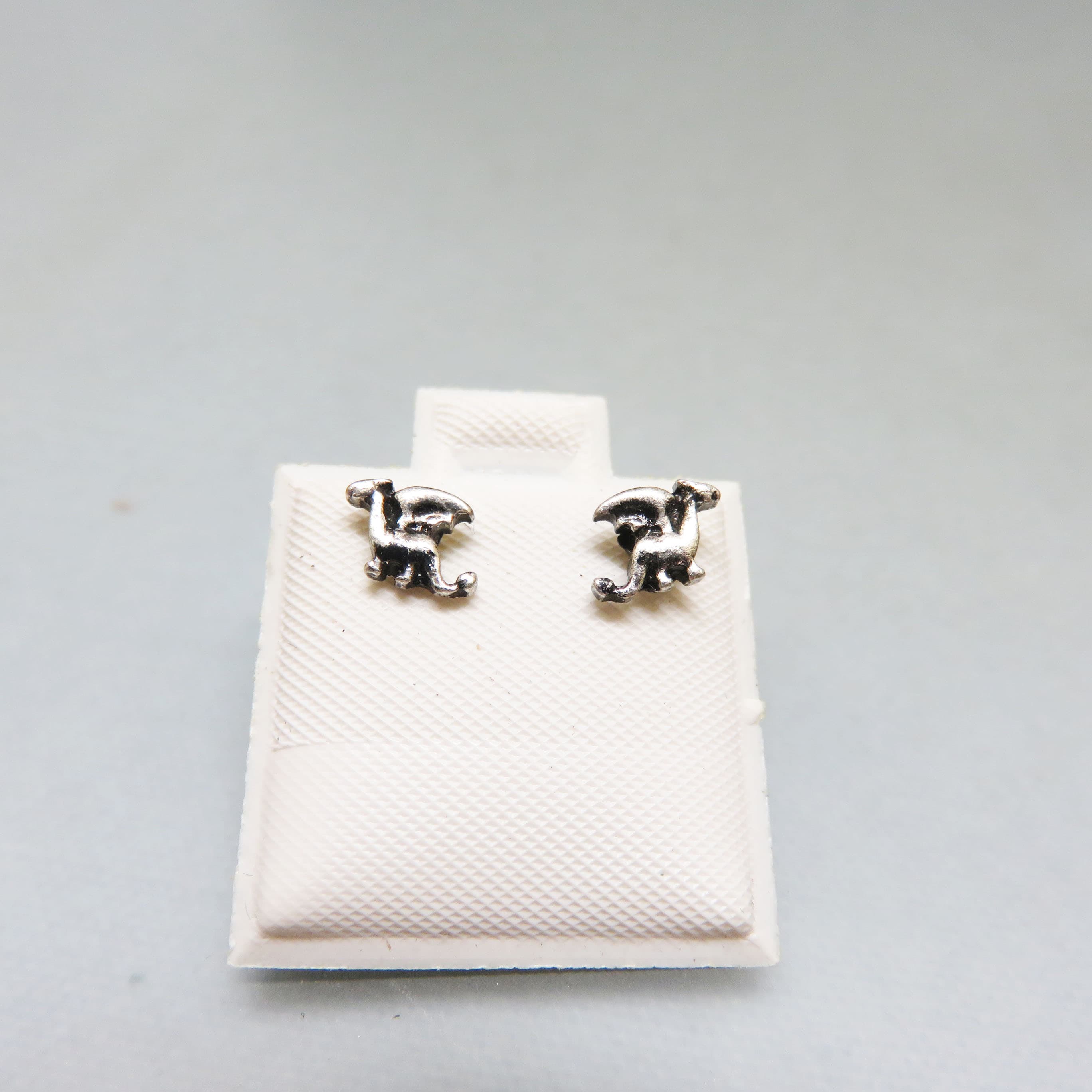 Tiny Silvertone Metal Winged Dragon Stud Earrings