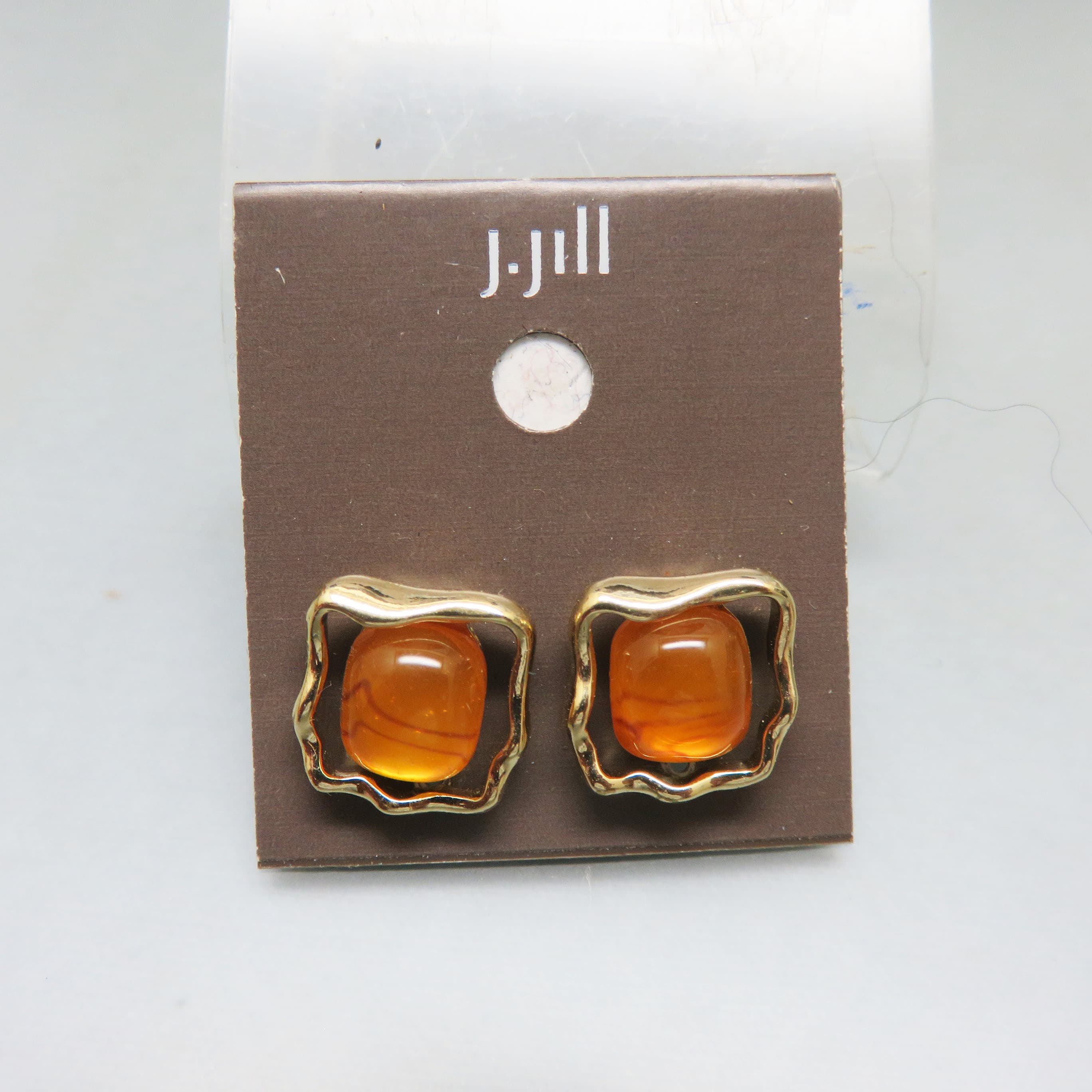 J.Jill Amber Glass Earrings – Goldtone Wavy Square Studs – Mint on Original Card