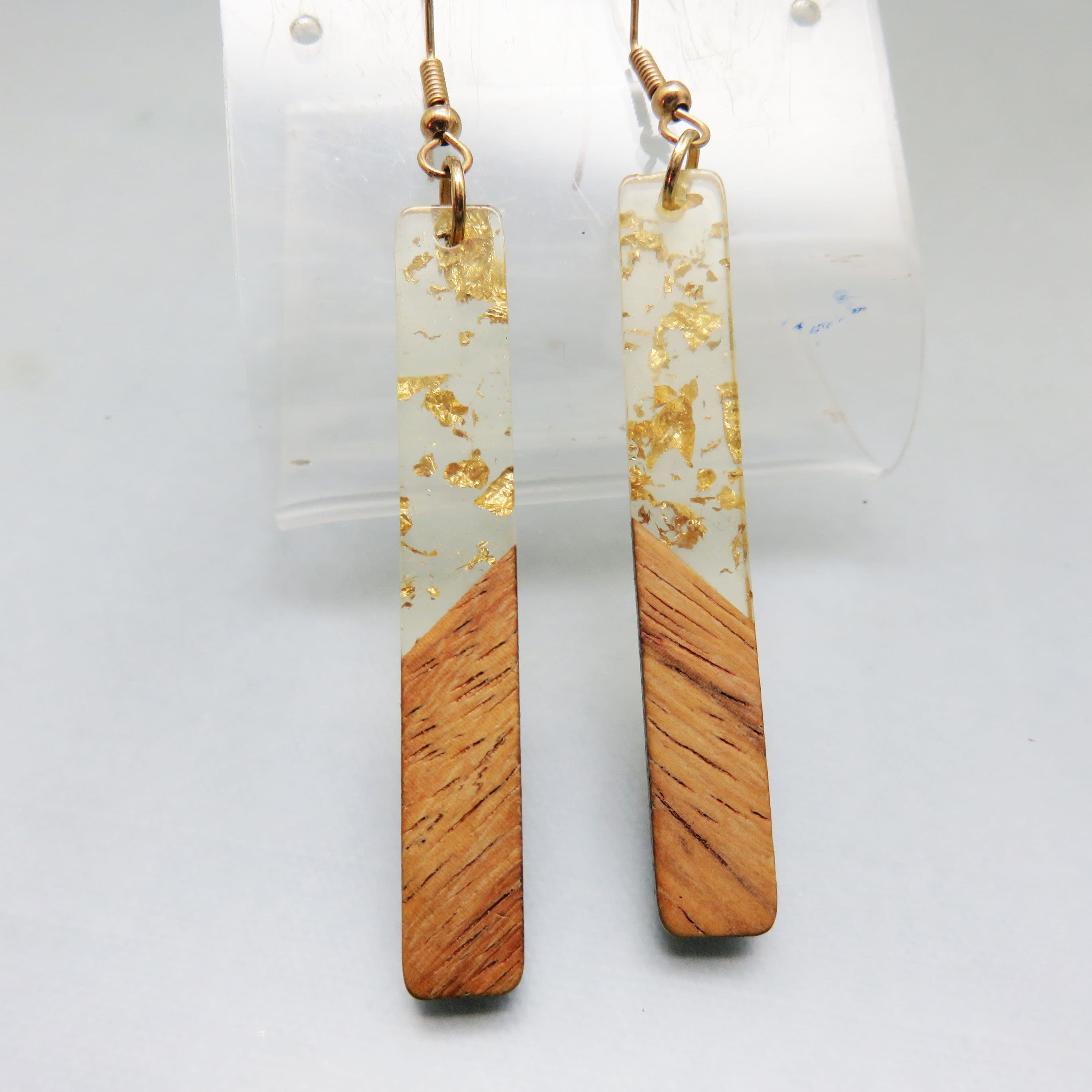 Gold Flake Resin Earrings – Woodgrain Long Bar Dangles – French Hook Statement Earrings