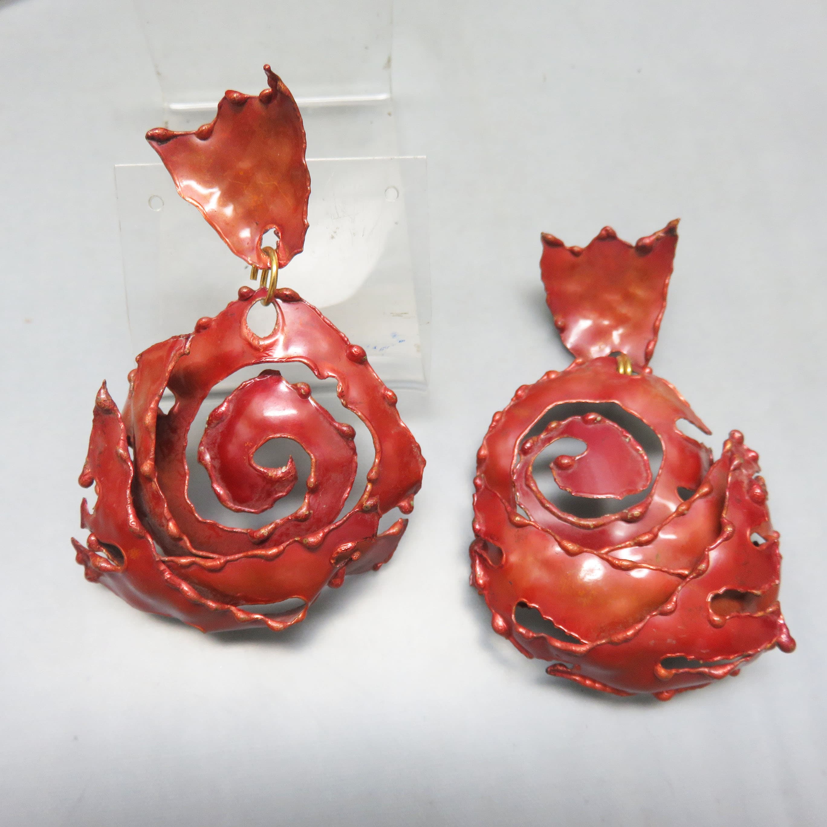 Handmade Red Enamel Statement Earrings – Sculptural Metal Spiral Dangles – Oversized Artisan Earrings