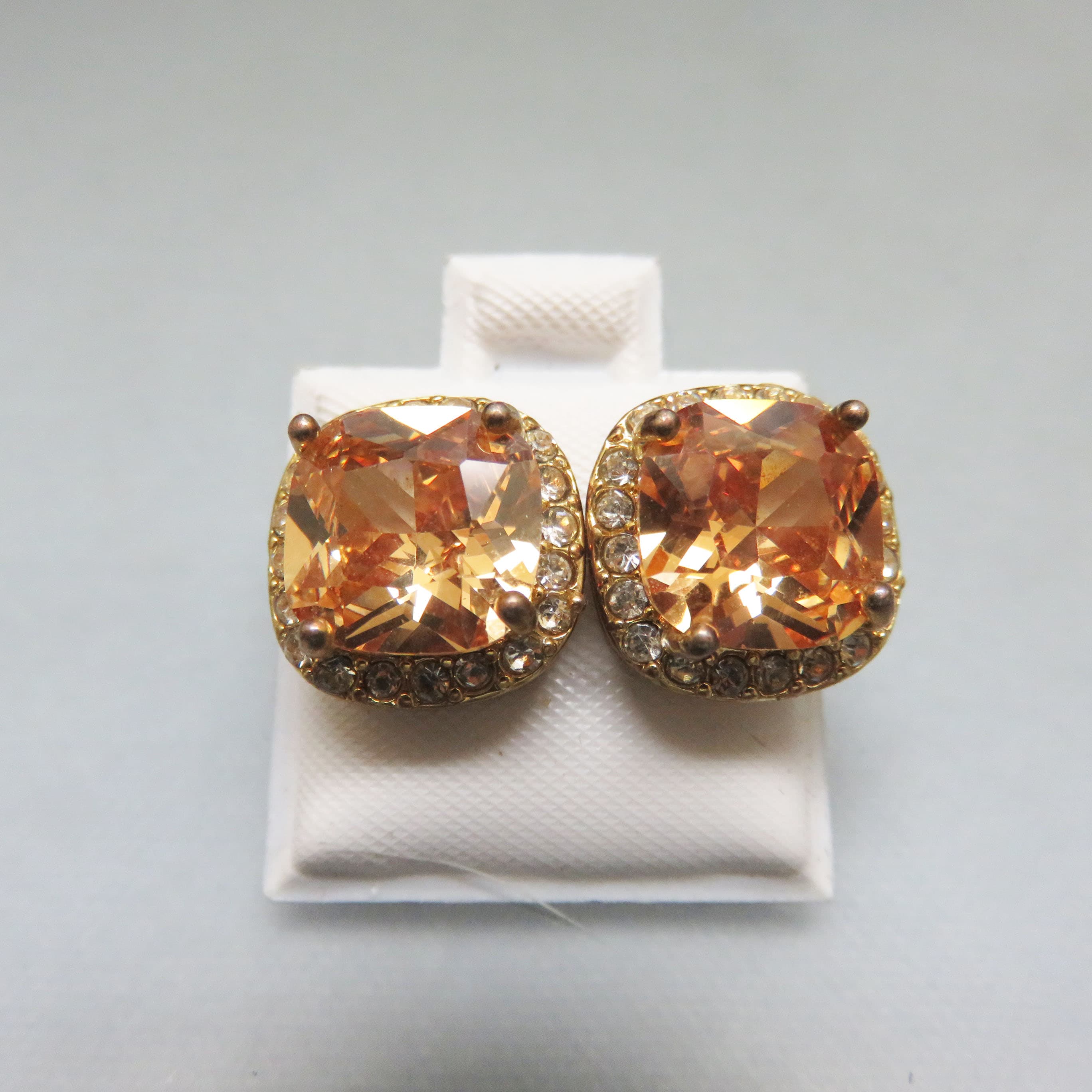 Champagne Topaz Gold Crystal Earrings – Clear Halo Square Studs – Goldplated Pierced Earrings