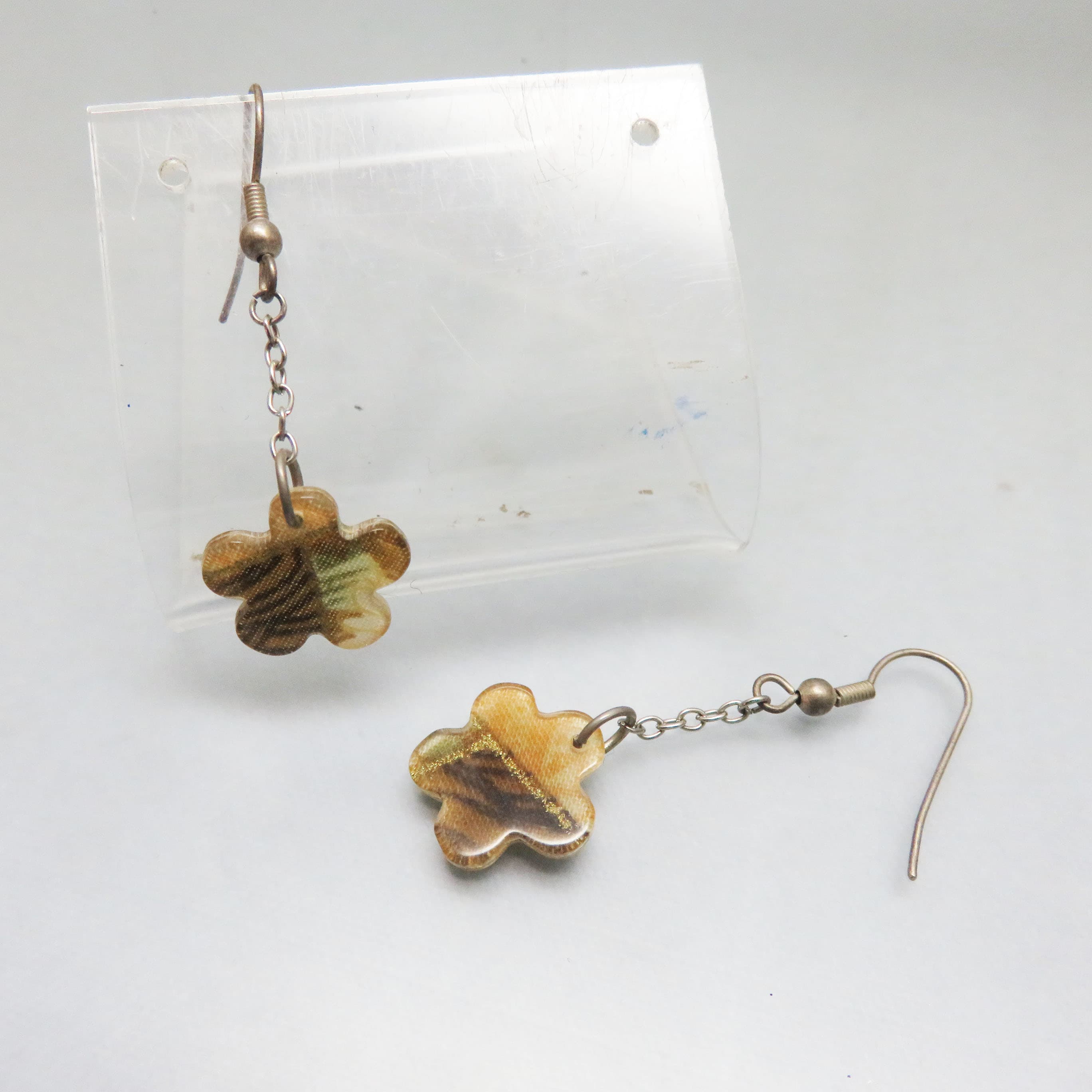 Autumn Floral Resin Earrings – Brown Gold Green Flower Dangles – French Hook Earrings