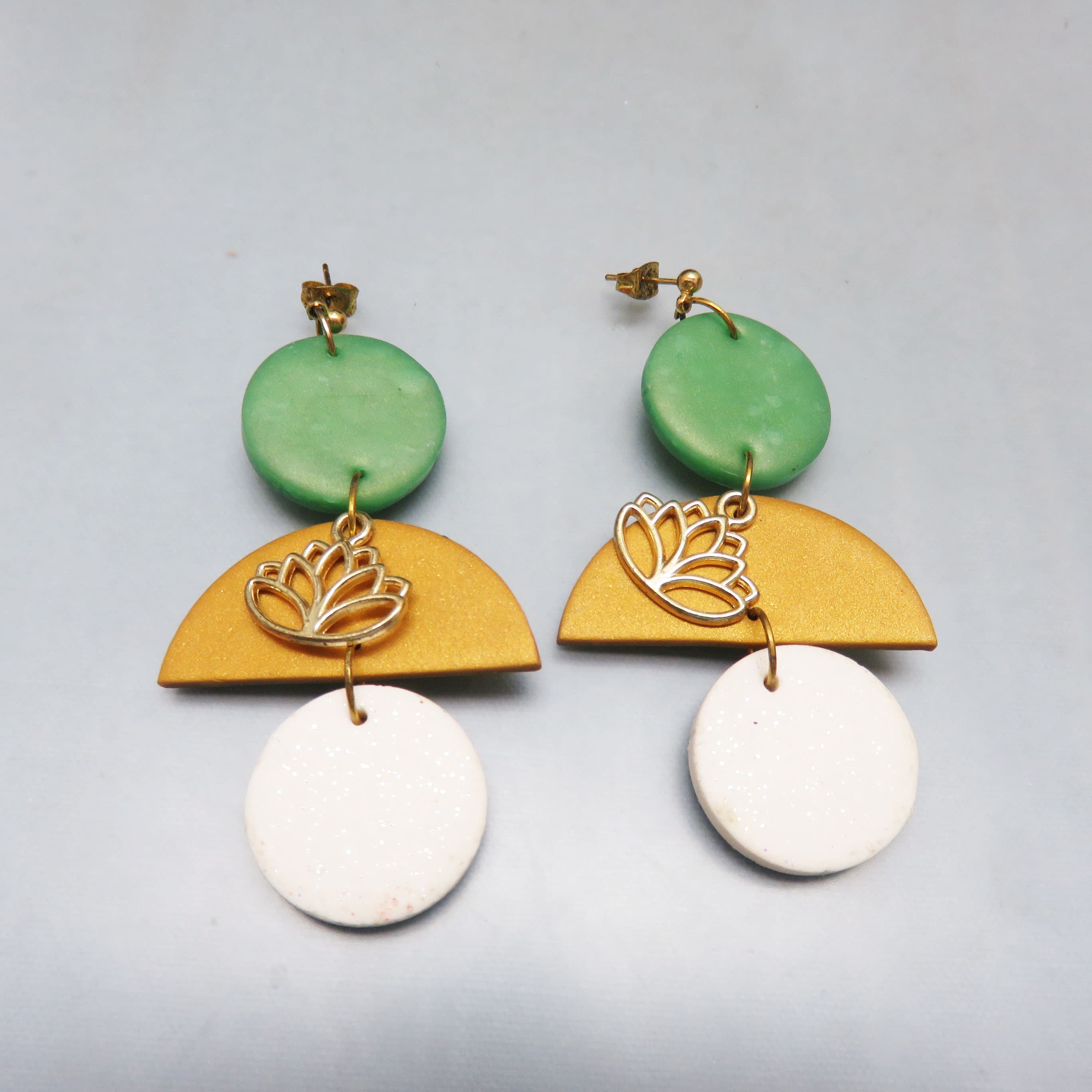 Vintage Polymer Clay Statement Earrings Sage Green Gold White Lotus Post Dangles