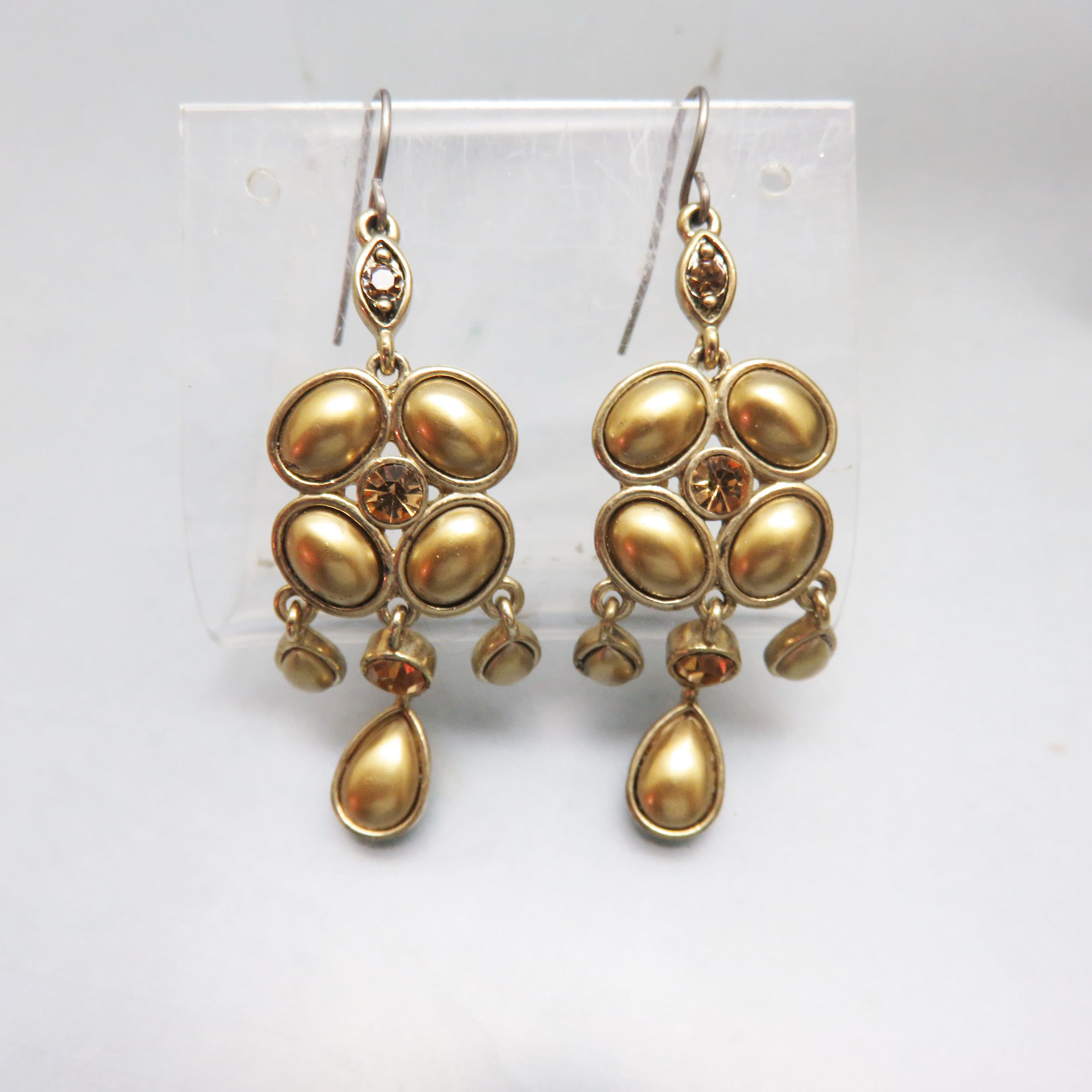 Matte Gold Faux Pearl Chandelier Earrings Honey Gold Rhinestone Dangles