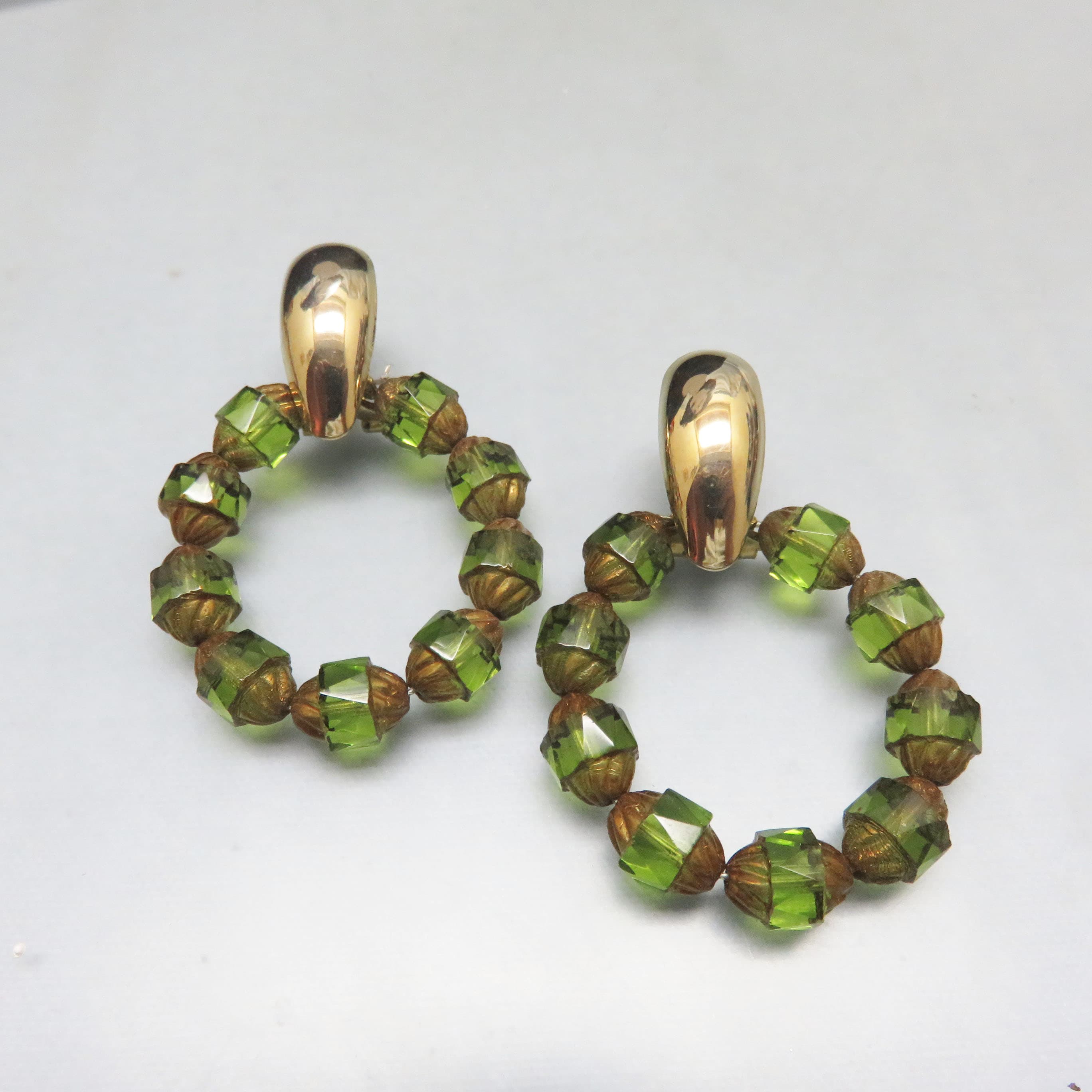 Green Glass Cathedral Bead Hoop Earrings Goldtone Omega Back Statement Earrings