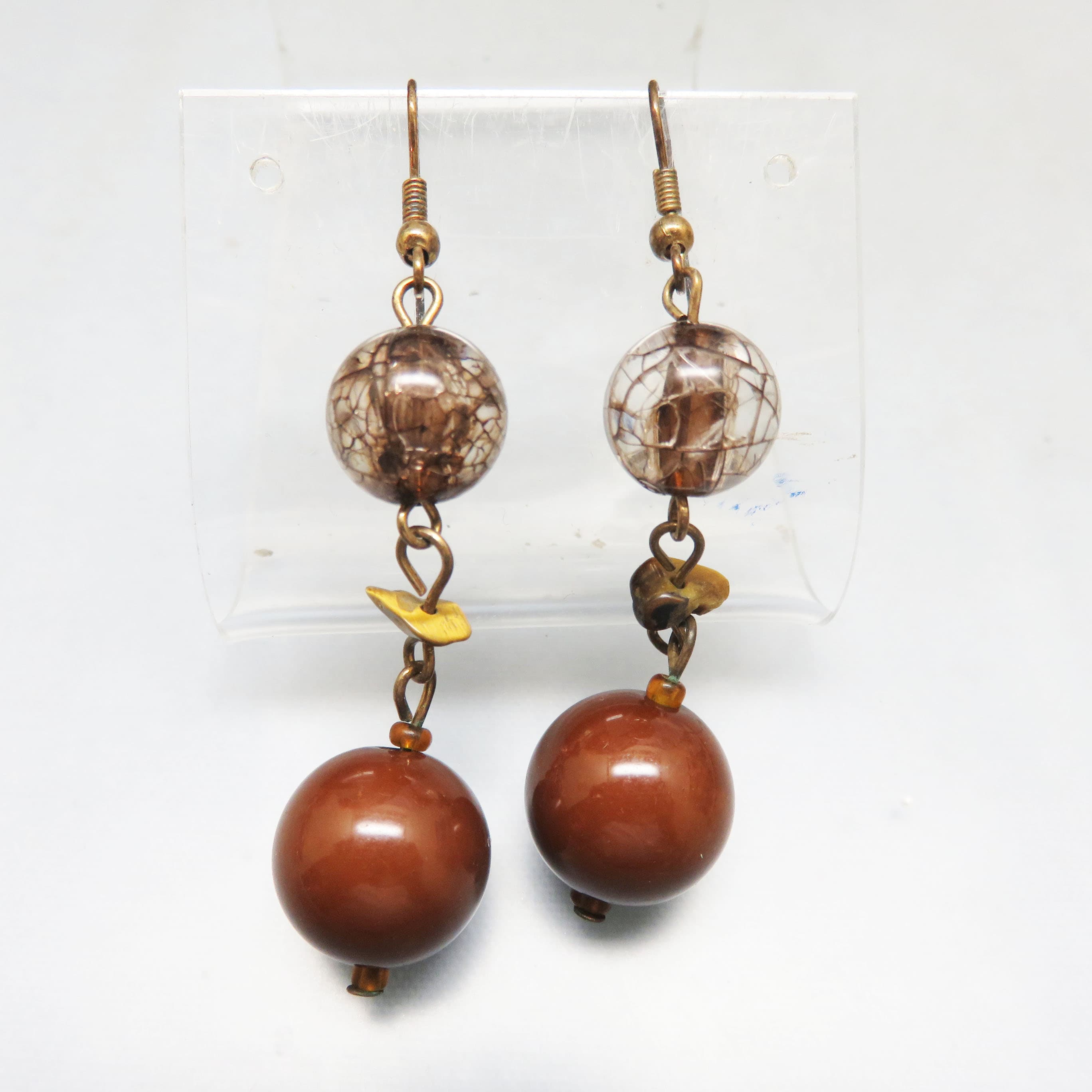 Chocolate Brown Acrylic Bead Earrings Clear Gold Confetti Long Dangles