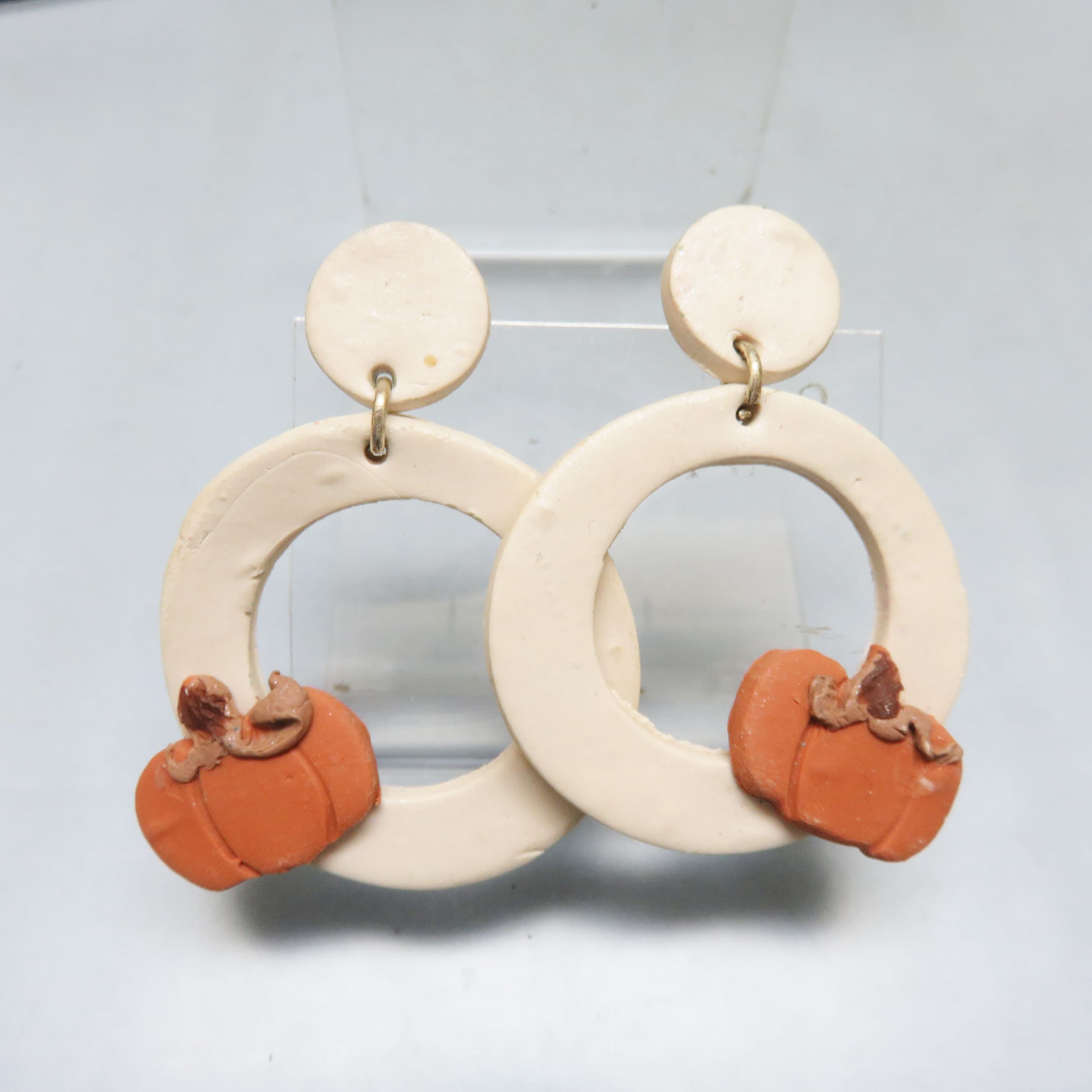 Vintage Polymer Clay Pumpkin Hoop Earrings Cream Orange Post Dangles