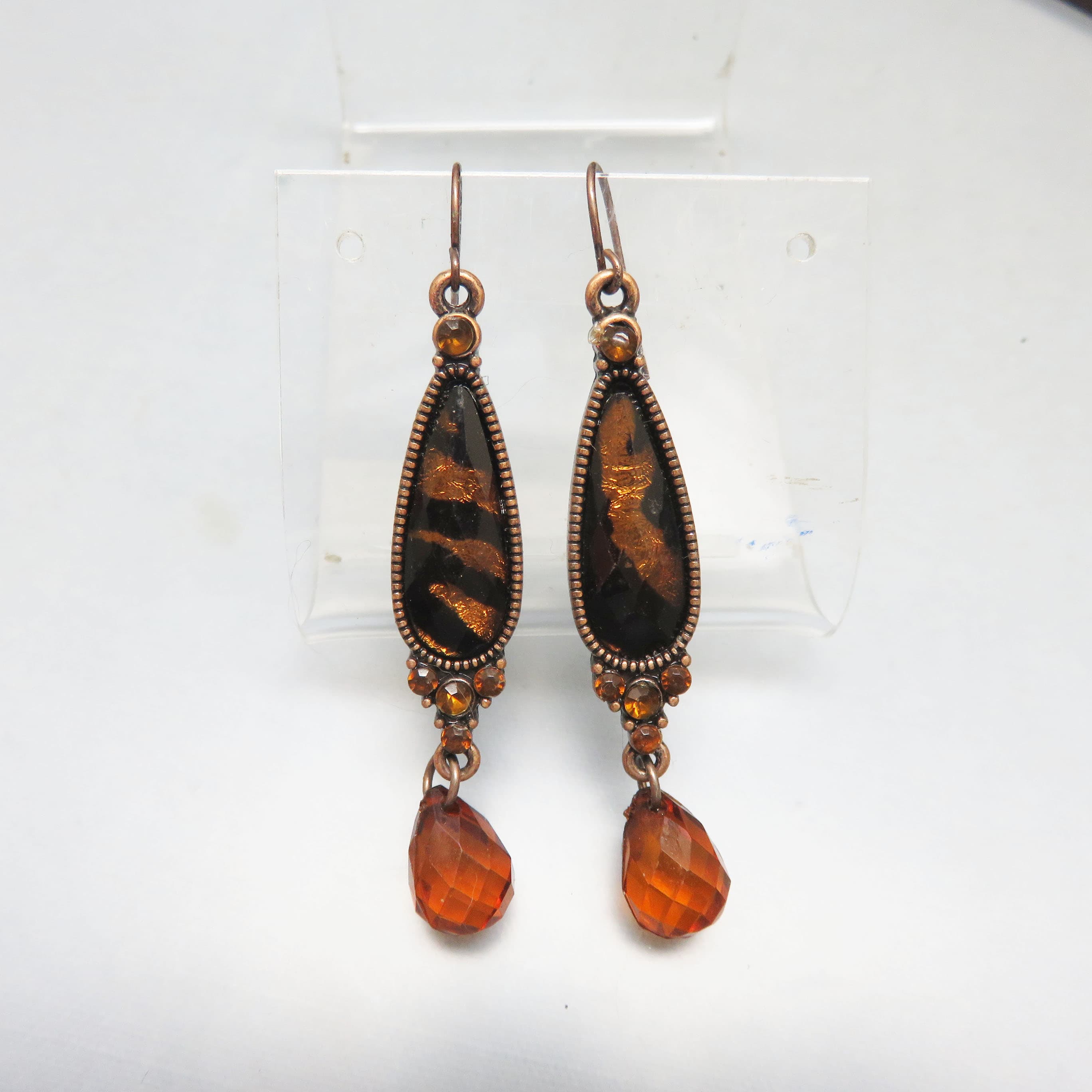 Copper Brown Animal Print Earrings Rhinestone Teardrop Autumn Dangles