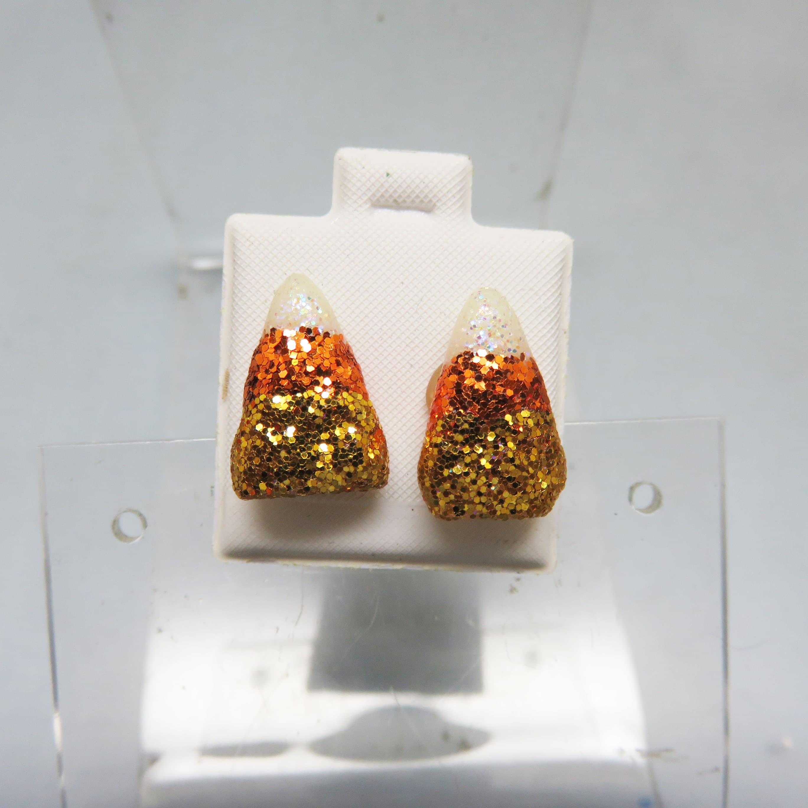 Glitter Candy Corn Stud Earrings Petite Halloween Orange Gold Plastic,  Post Style