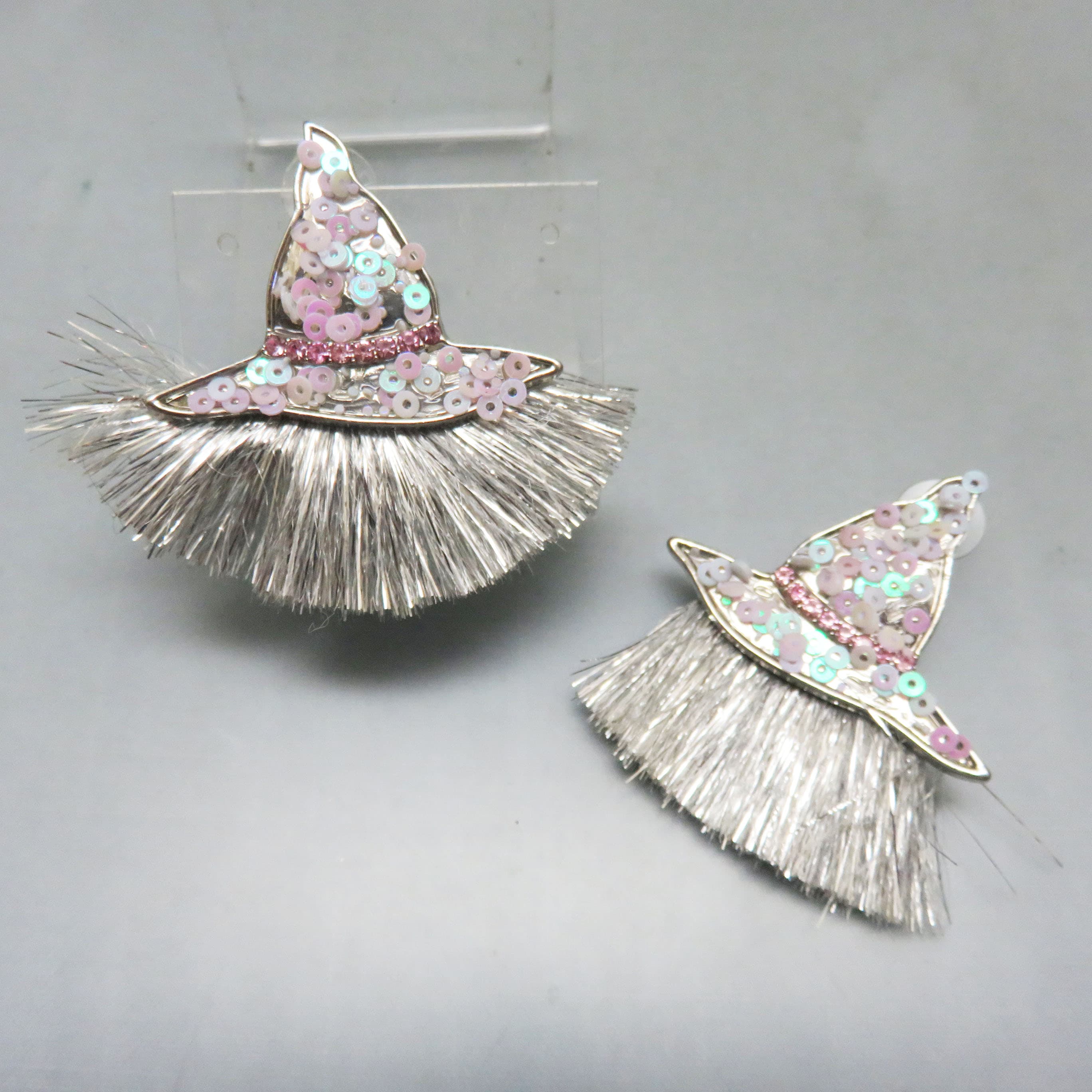 Vintage Witch Hat Earrings Silver Tinsel Pink Sequins Oversized Halloween Posts