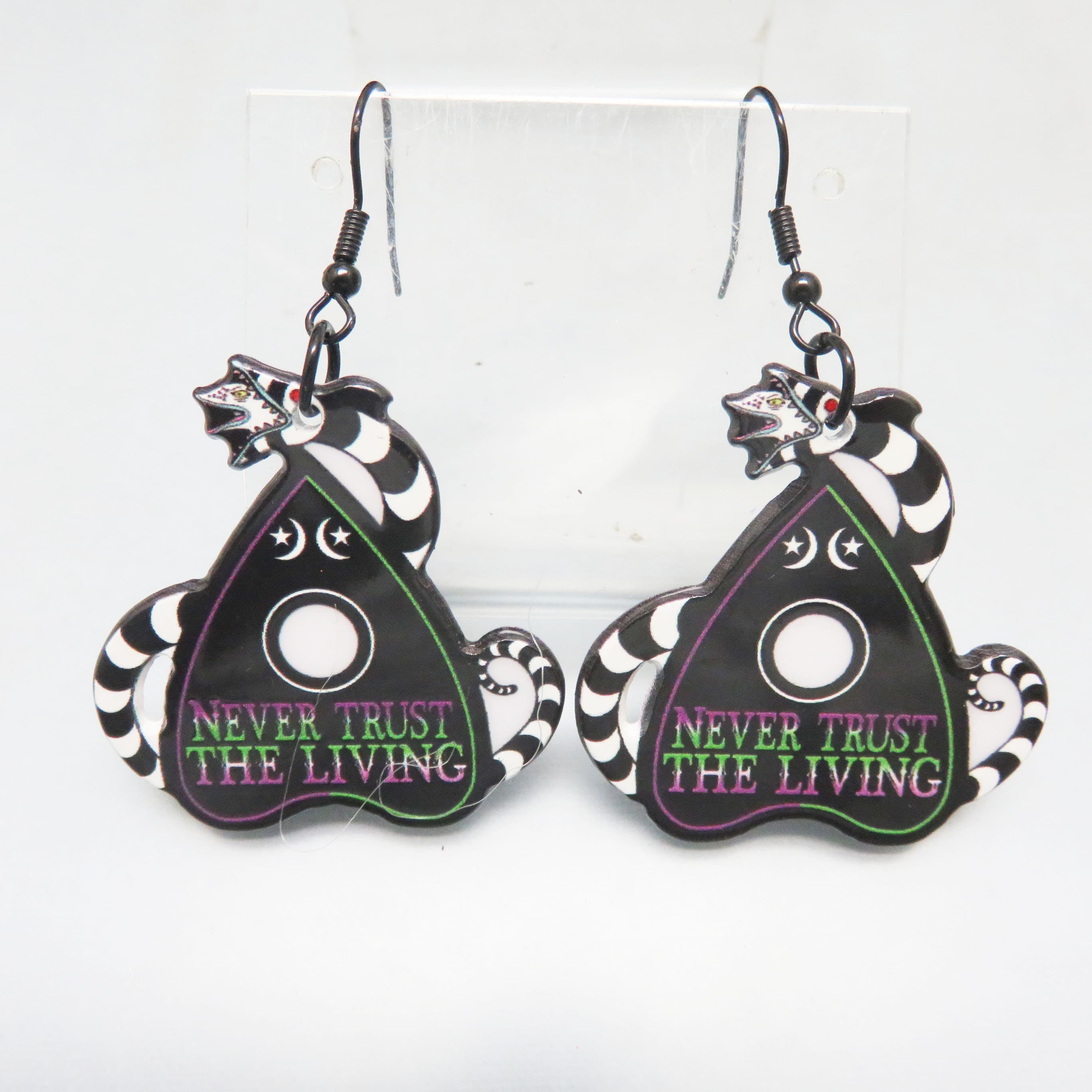 Never Trust the Living Ouija Planchette Earrings Double Sided Halloween Dangles