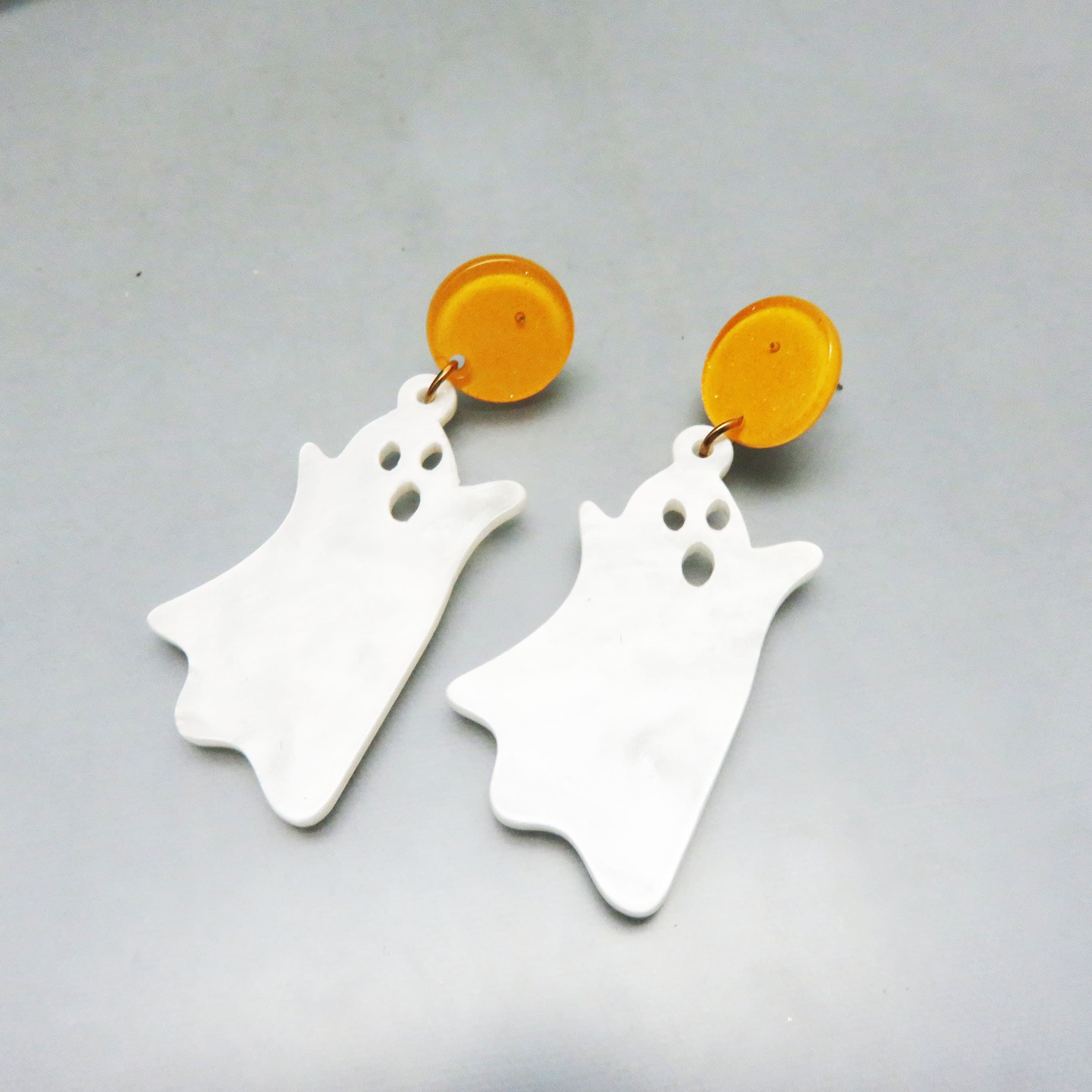 White Ghost Earrings Orange Acrylic Posts Spooky Cute Halloween Dangles