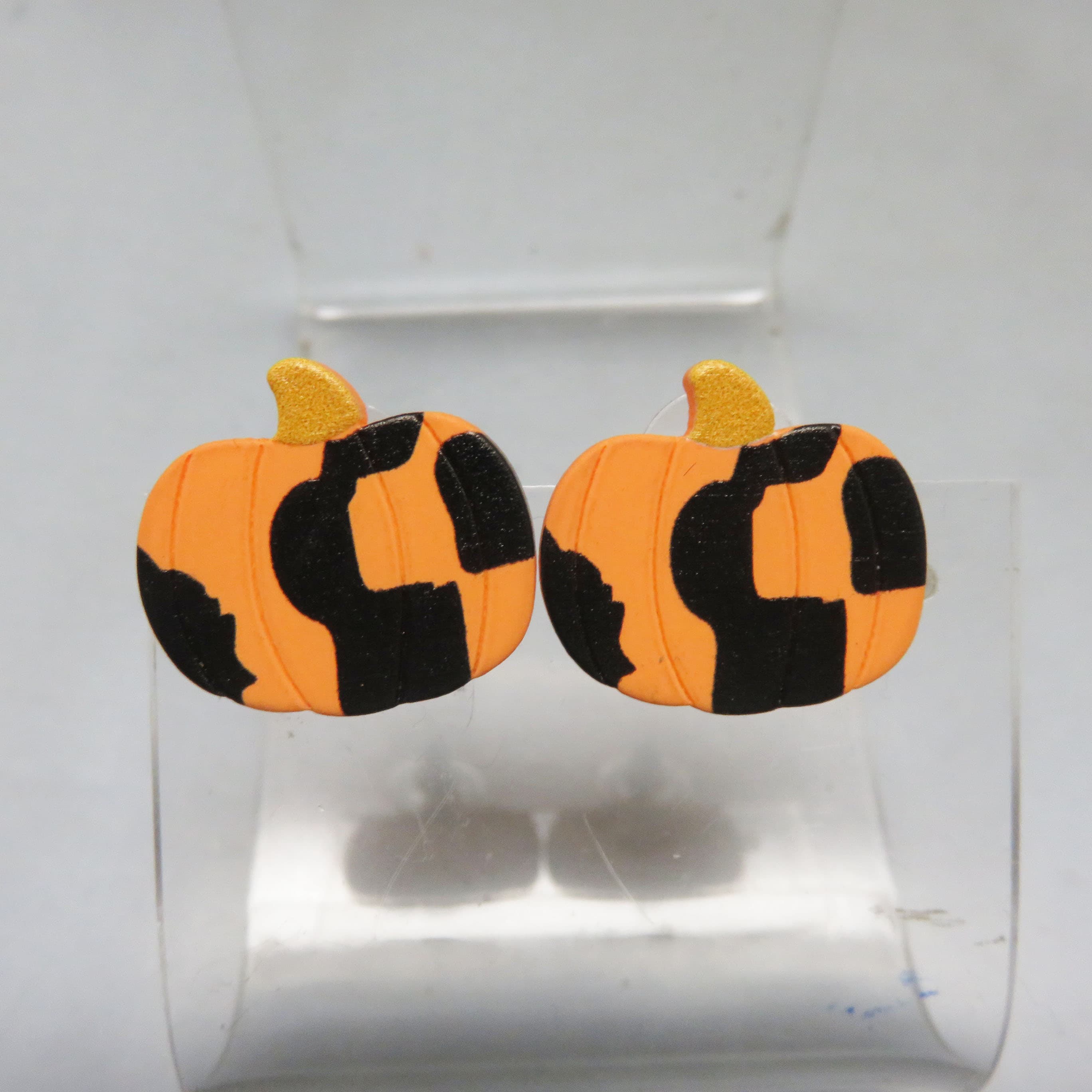 Black Orange Checkerboard Pumpkin Earrings Polymer Clay Halloween Studs