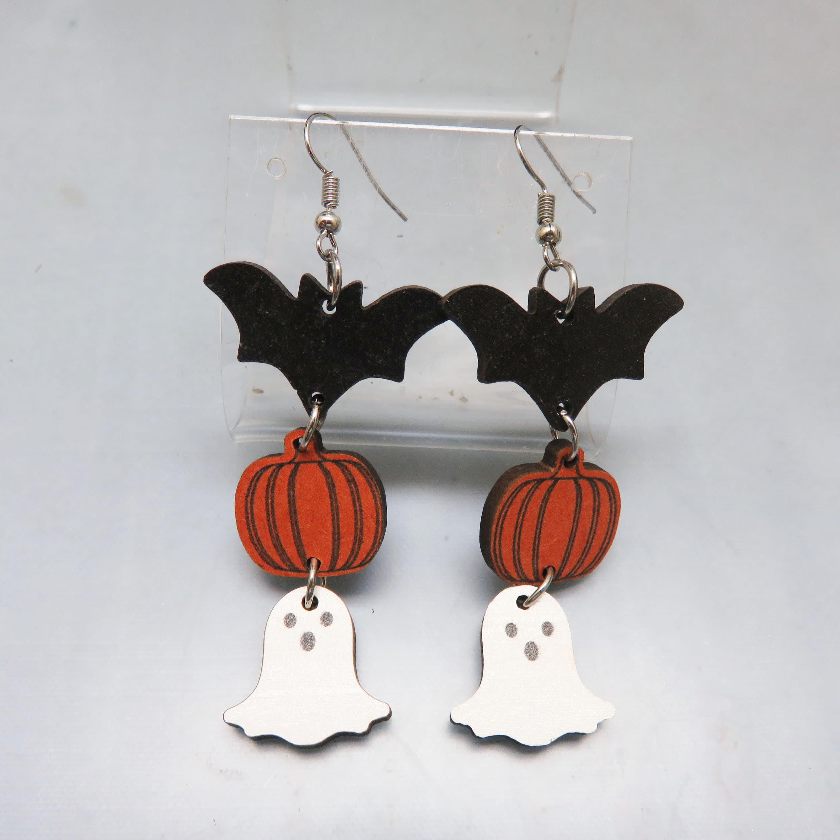 Bat Pumpkin Ghost Wood Earrings Double Sided Long Halloween Dangles