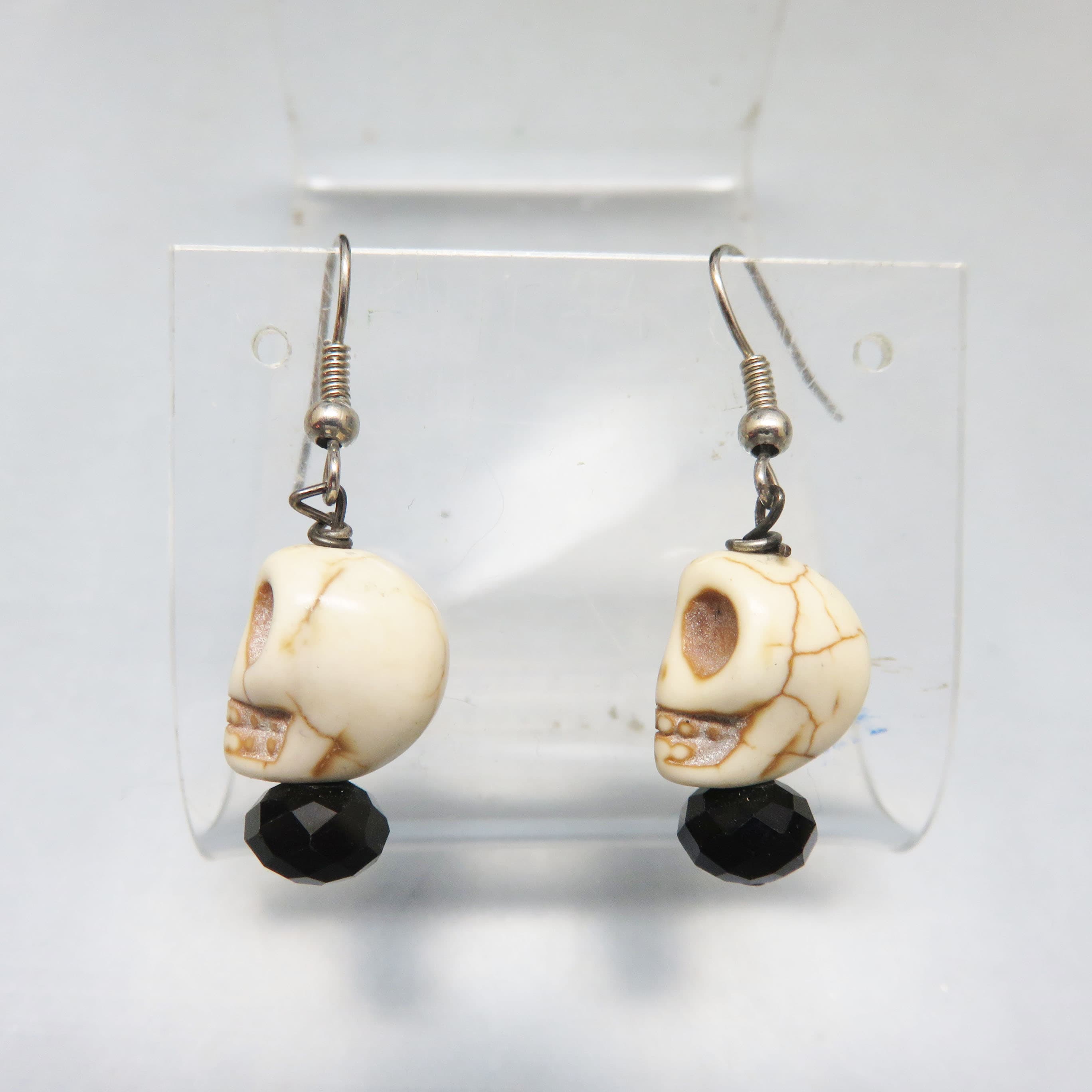 Carved Stone Skull Earrings Black Crystal Beads Halloween French Hook Dangles