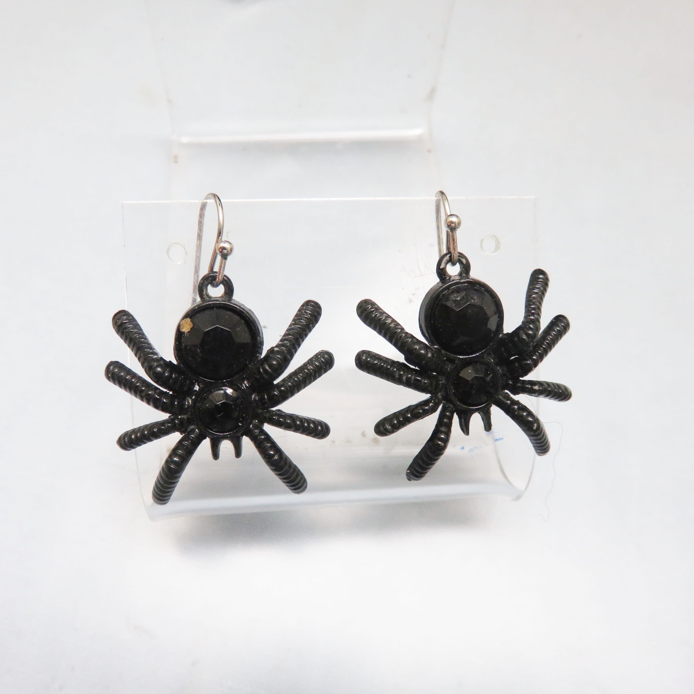 Black Rhinestone Spider Earrings Halloween French Hook Spooky Dangles