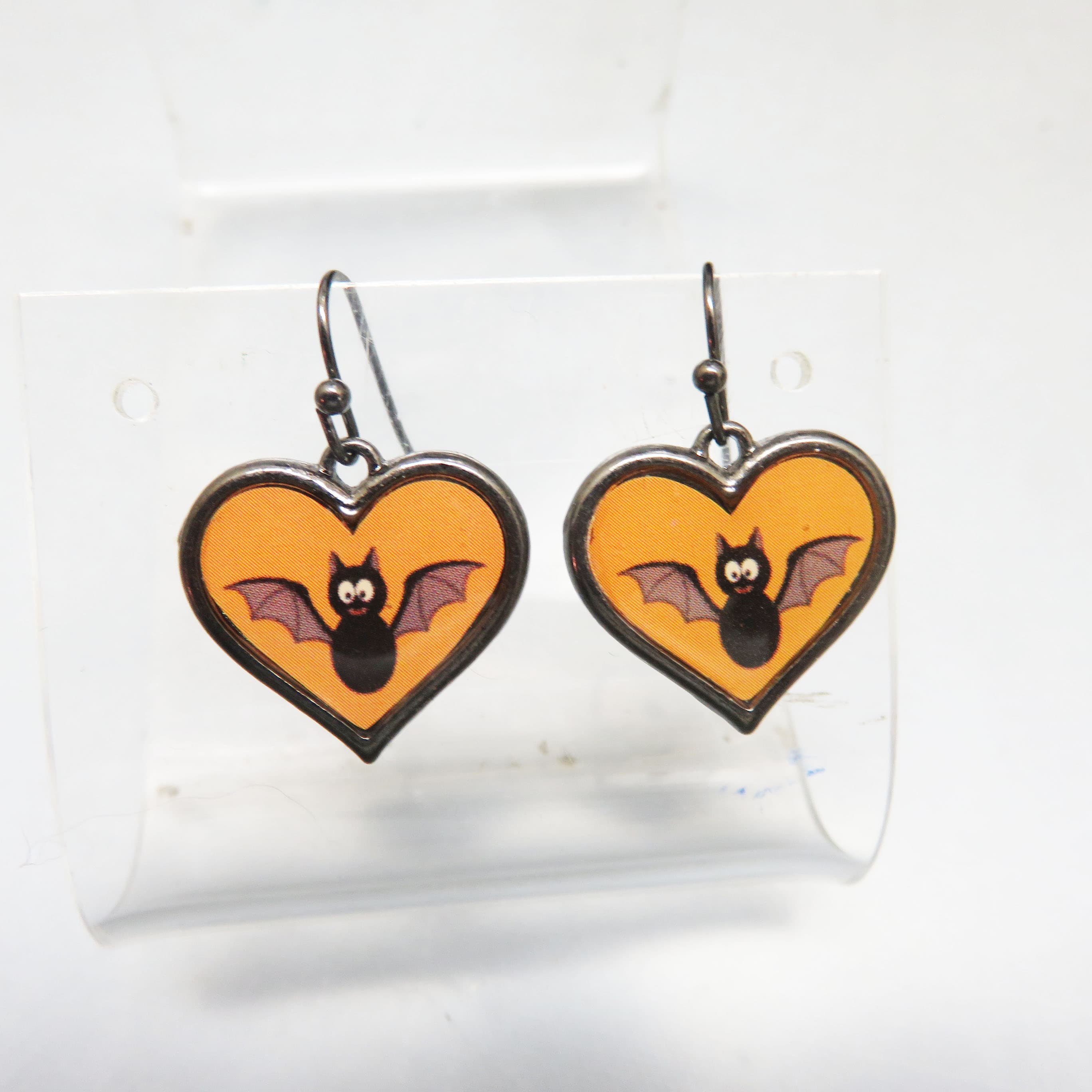 Bat Heart Earrings Orange Halloween Epoxy Picture French Hook Dangles