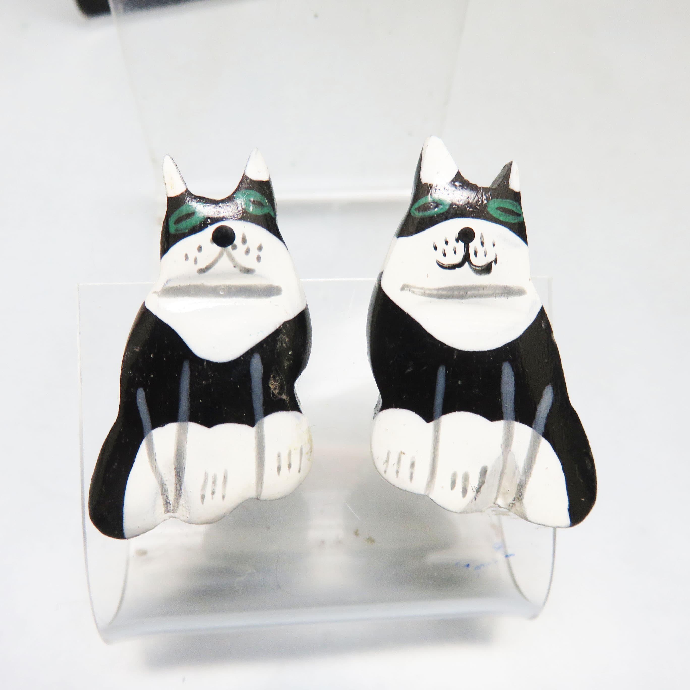 Hand Painted Wooden Cat Earrings Black White Green Eye Vintage Style Posts