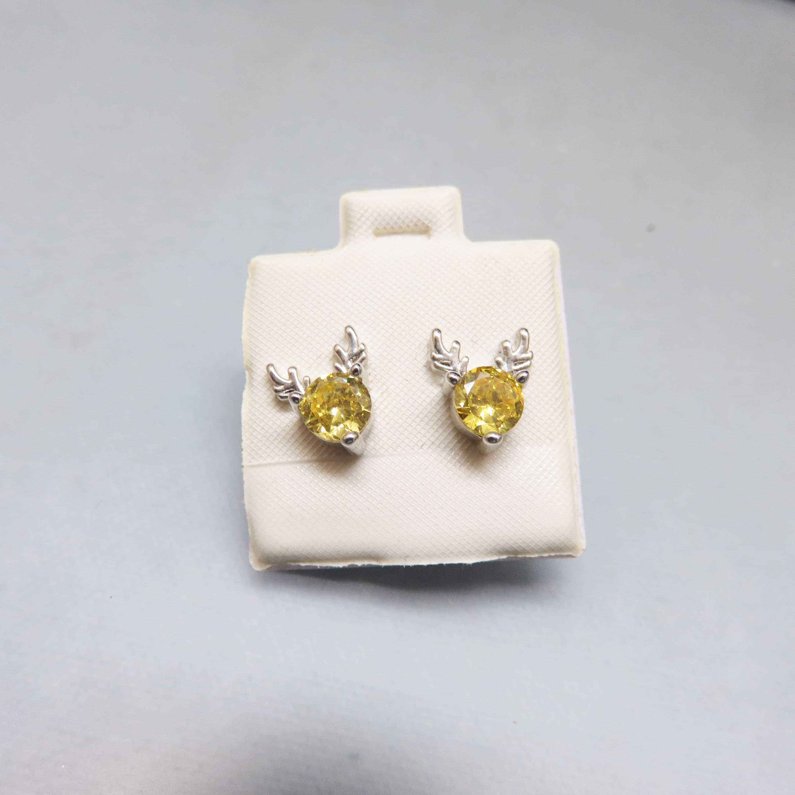 Sterling Silver Reindeer Stud Earrings Yellow CZ Tiny Christmas Deer Posts
