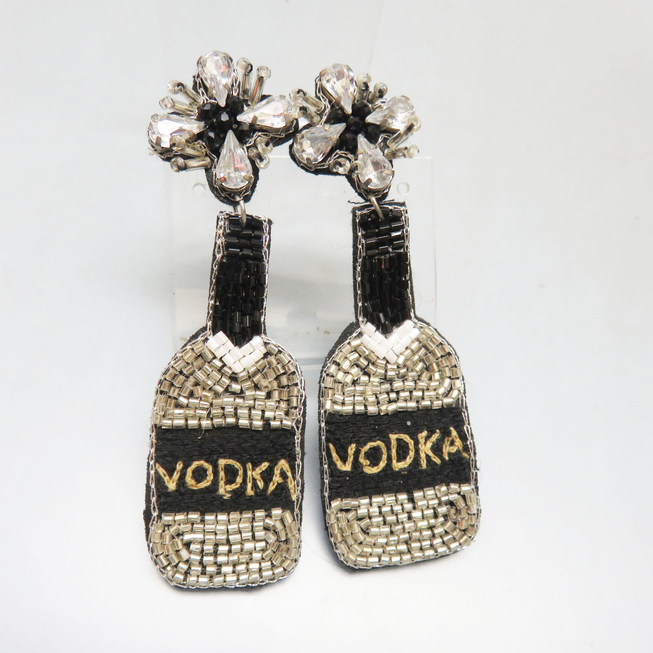 Hand Beaded Vodka Bottle Earrings Rhinestone Felt Long Statement Posts