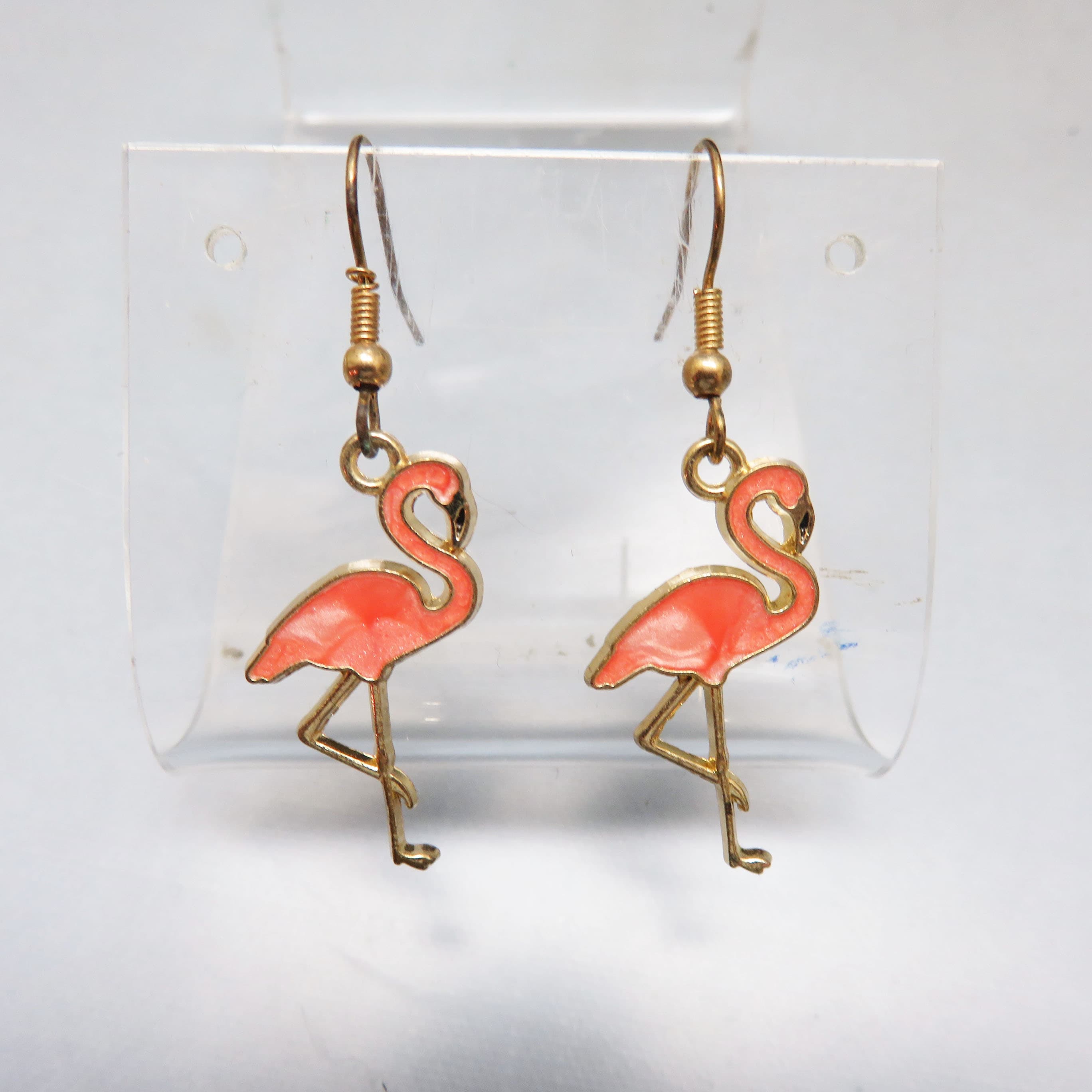 Pink Marbled Resin Flamingo Earrings Goldtone French Hook Bird Dangles