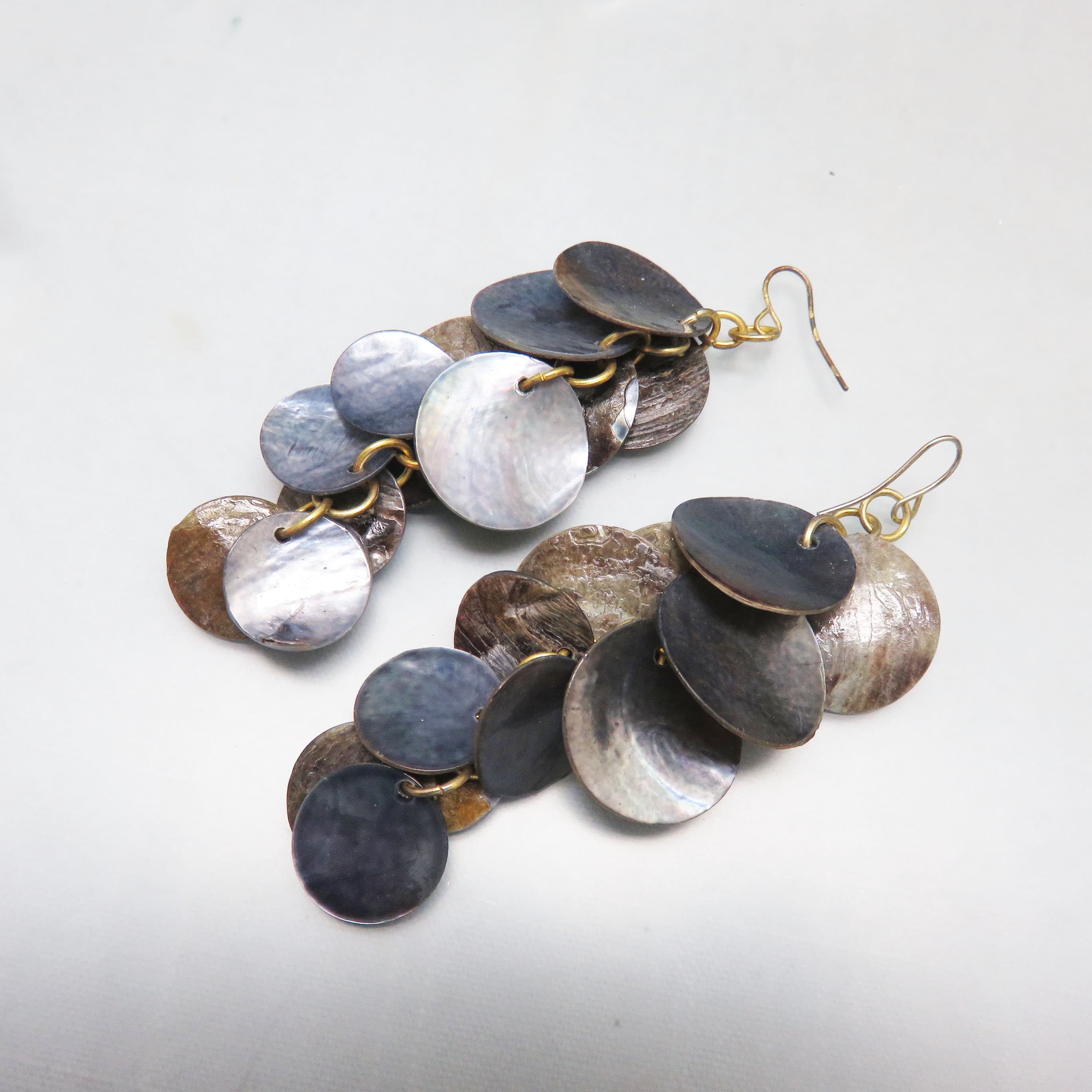 Stormy Gray Blue Dyed Shell Disc Cascade French Hook Earrings