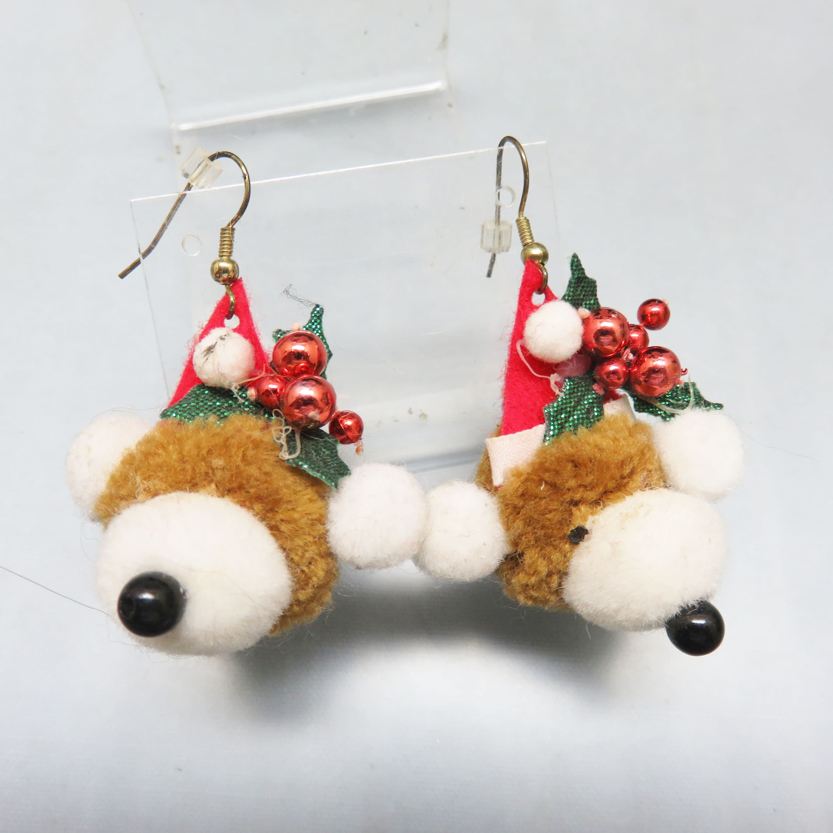 Vintage 1960s Pom Pom Teddy Bear Earrings | Handmade Fuzzy Christmas Holiday Dangles