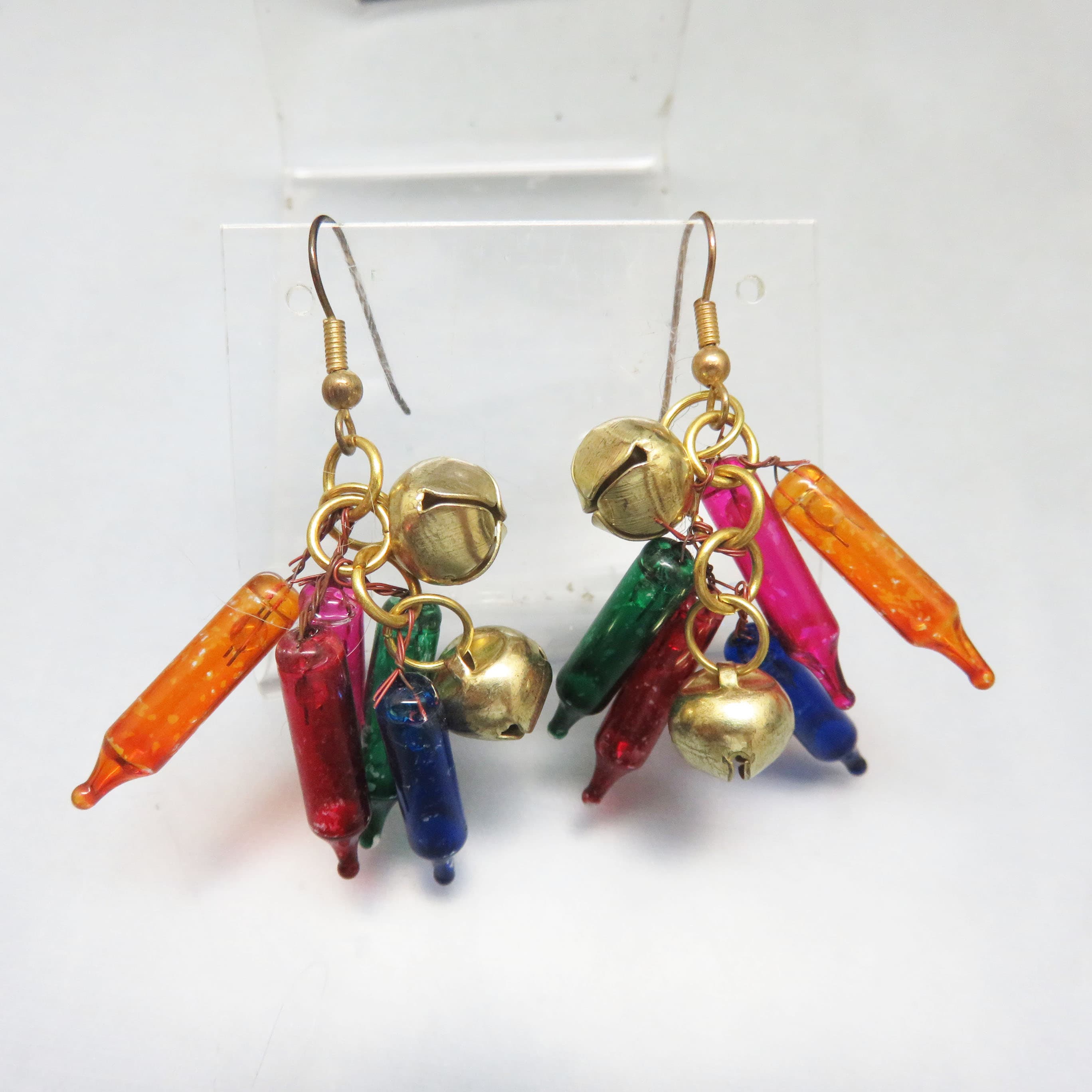 Vintage Glass Christmas Light & Jingle Bell Earrings | Colorful Holiday French Hook Dangles