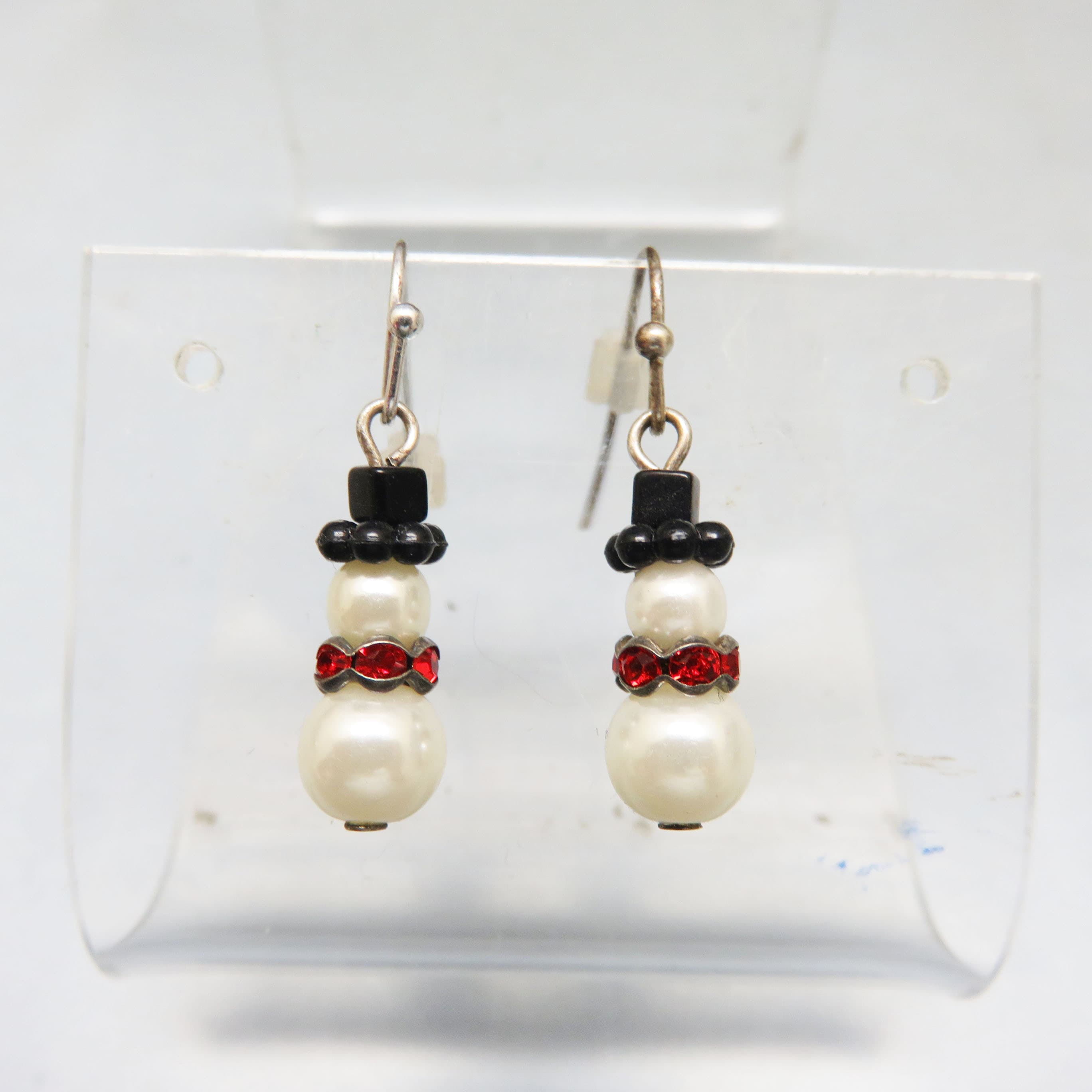 Faux Pearl Snowman Earrings with Rhinestone Scarves & Glass Top Hats | Christmas Dangles