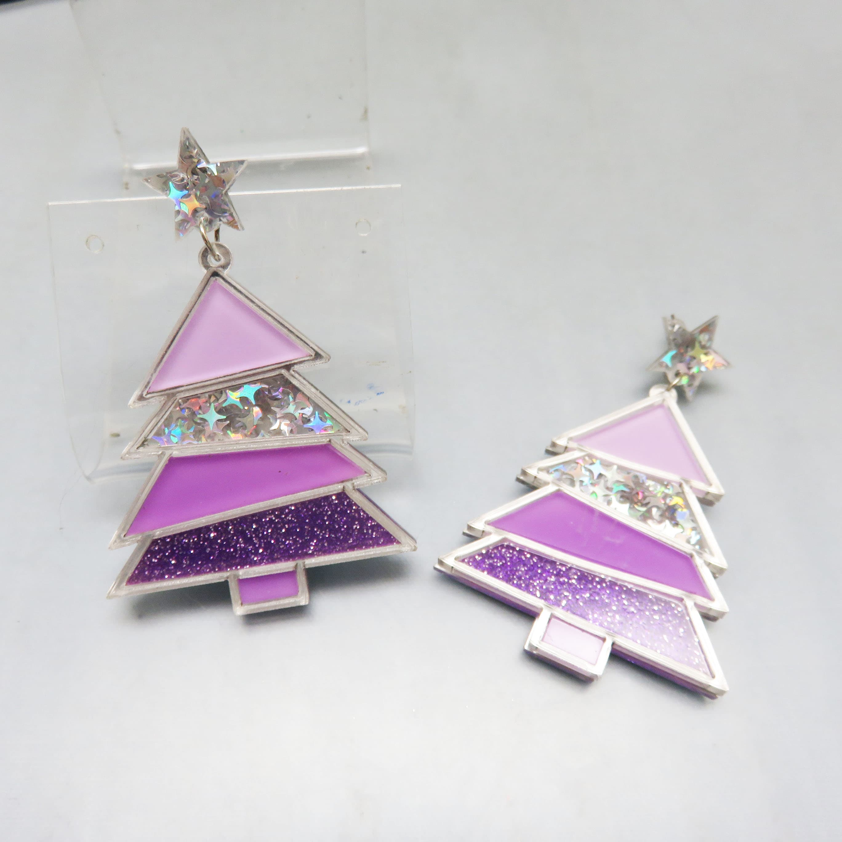 Purple Mirrored Acrylic Christmas Tree Earrings – Glitter Star Post Dangles