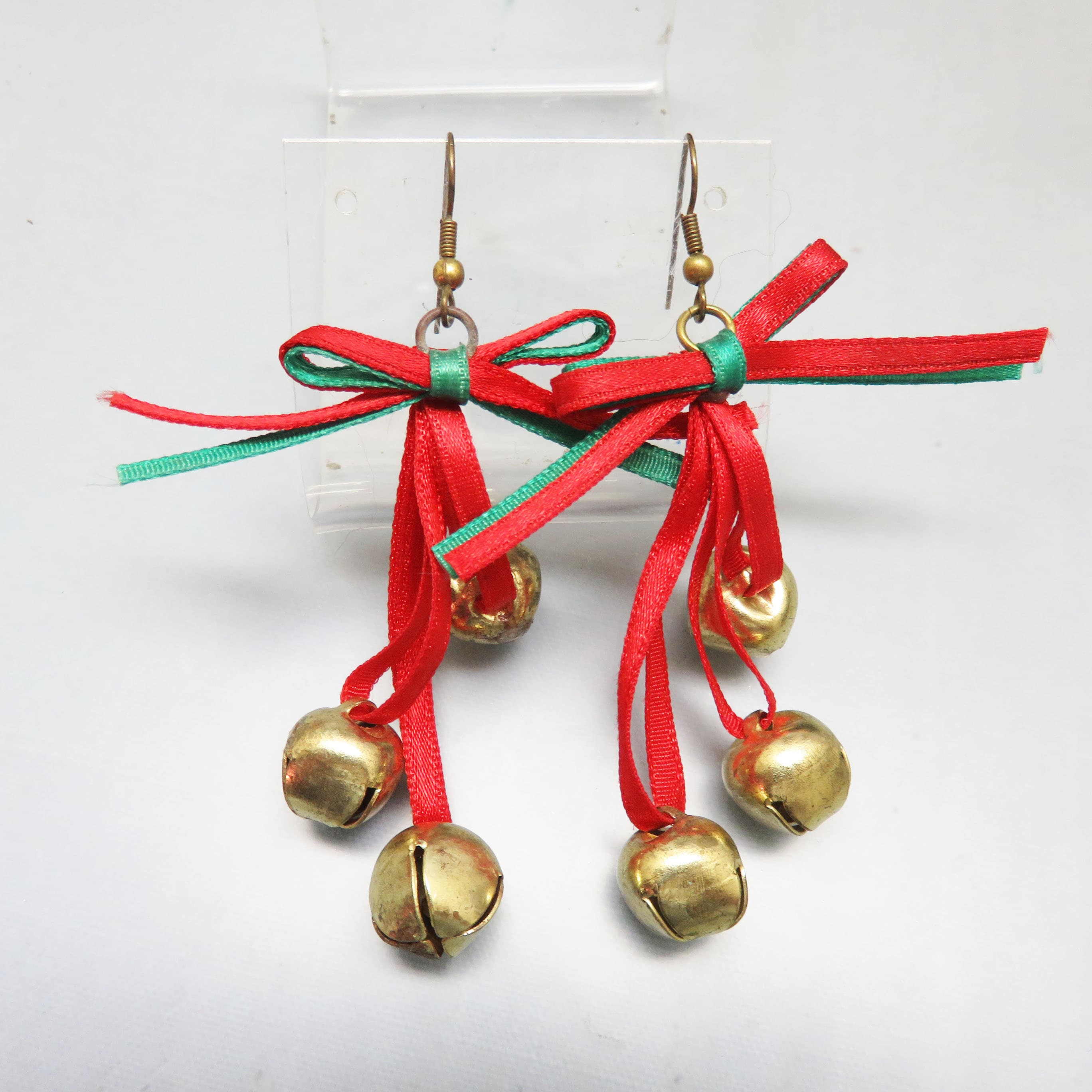 Vintage Jingle Bell Earrings – Red Green Ribbon Christmas Dangles