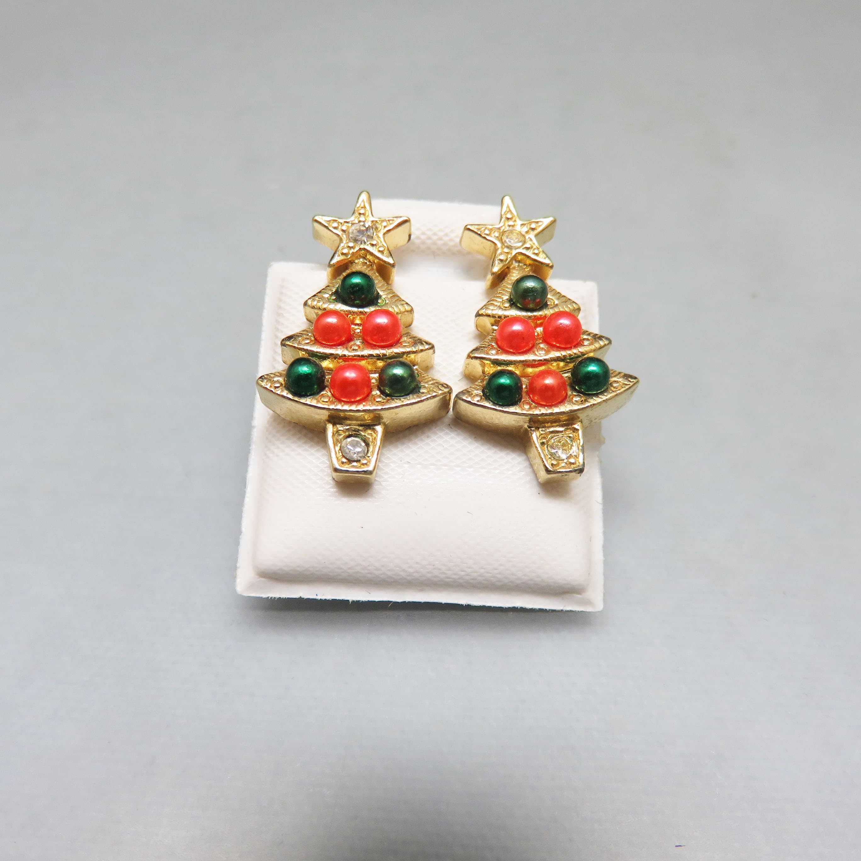 Vintage Goldtone Christmas Tree Earrings – Faux Pearl Rhinestone Holiday Studs