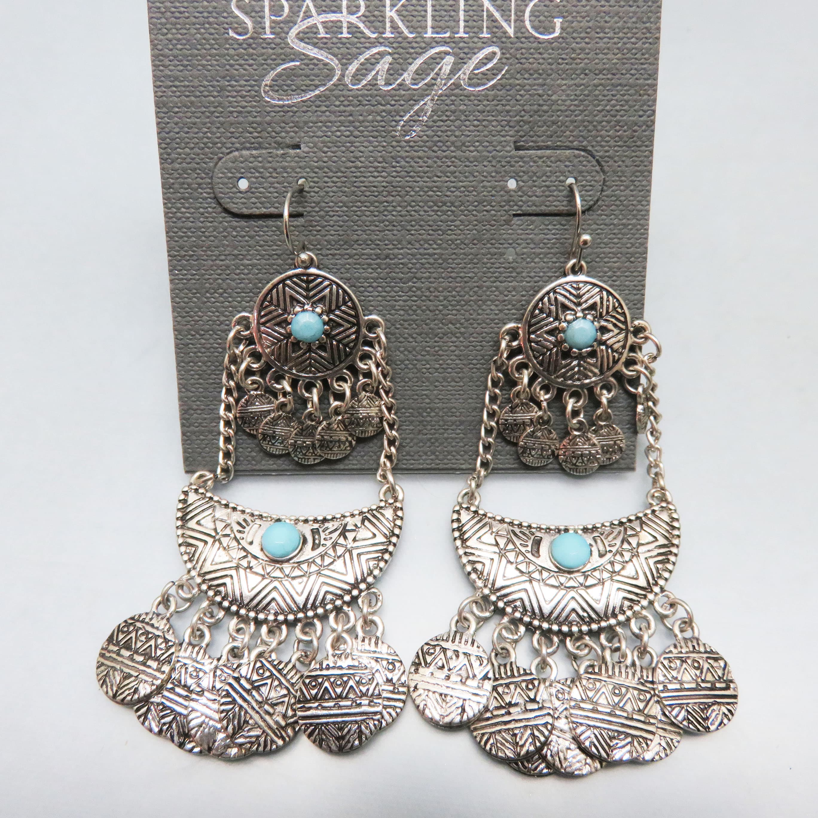 Sparkling Sage Faux Turquoise Coin Fringe Chandelier Earrings