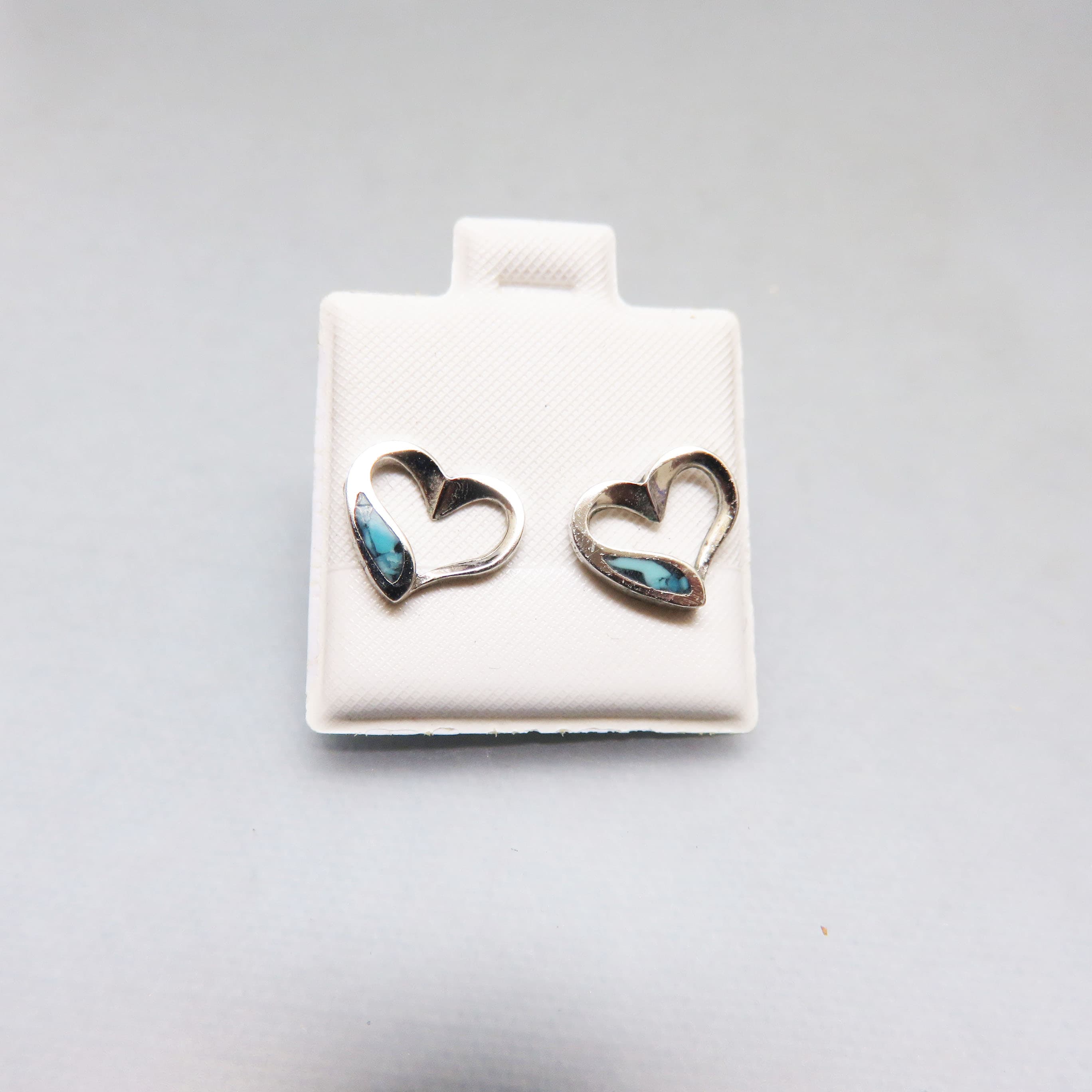 Silvertone Open Heart Turquoise Chip Inlay Post Earrings