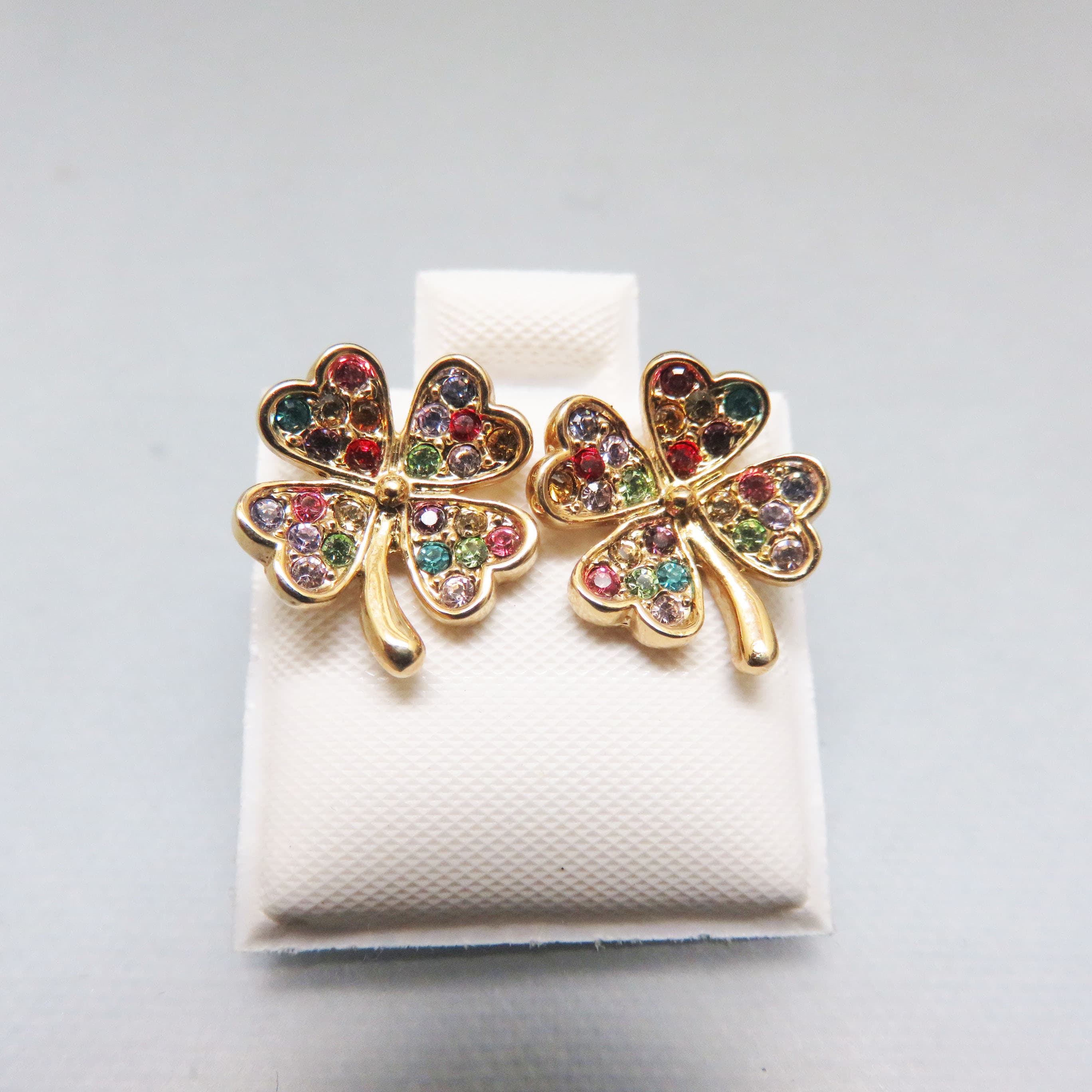 Gold-Plated Multicolor Rhinestone Four-Leaf Clover Post Earrings