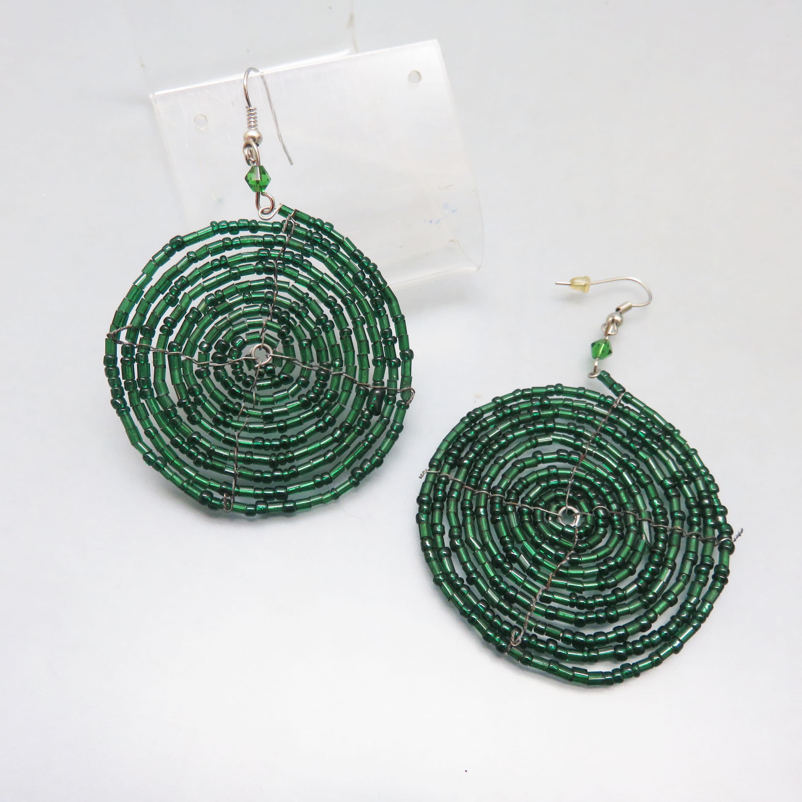 Emerald Green Seed Bead Spiral Statement Earrings