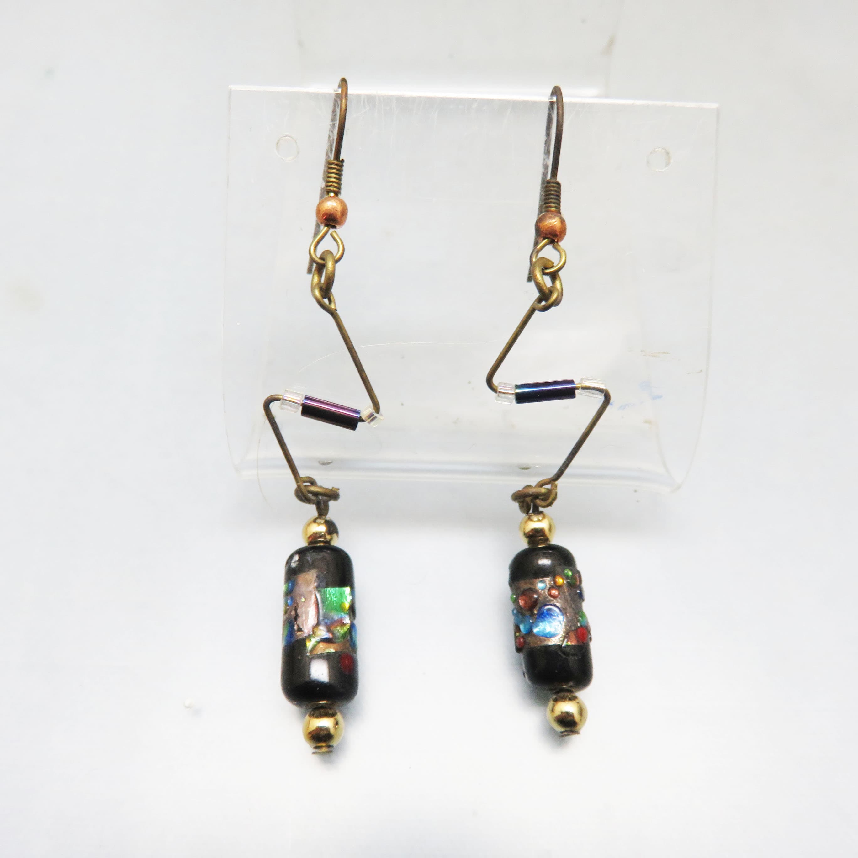 Midnight Mosaic Blown Glass Earrings – Antiqued Brass Geometric Dangles