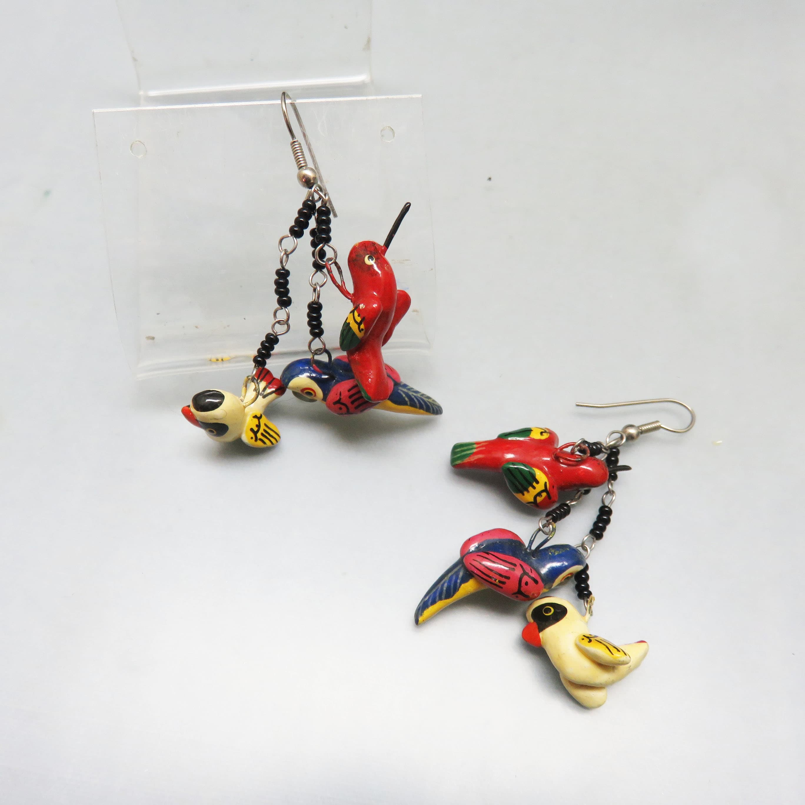Hand-Painted Ceramic Bird Earrings – Colorful Artisan Pottery Flock Dangles – Latin American Style