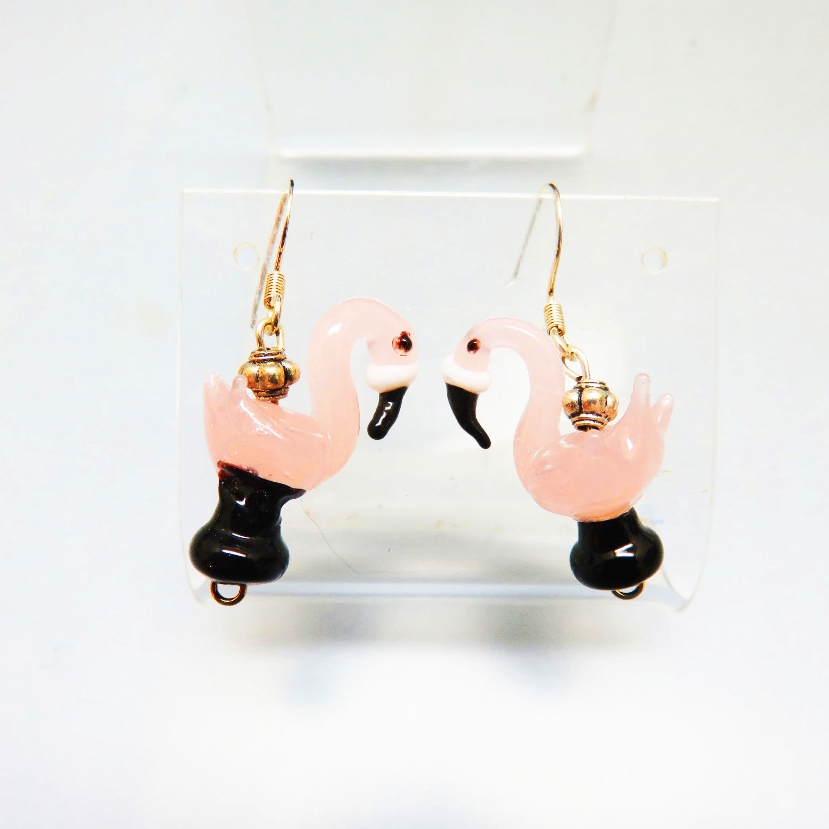 Pink Lamp Work Glass Flamingo Earrings – Sculptural Bird Bead Dangles – Whimsical French Hooks