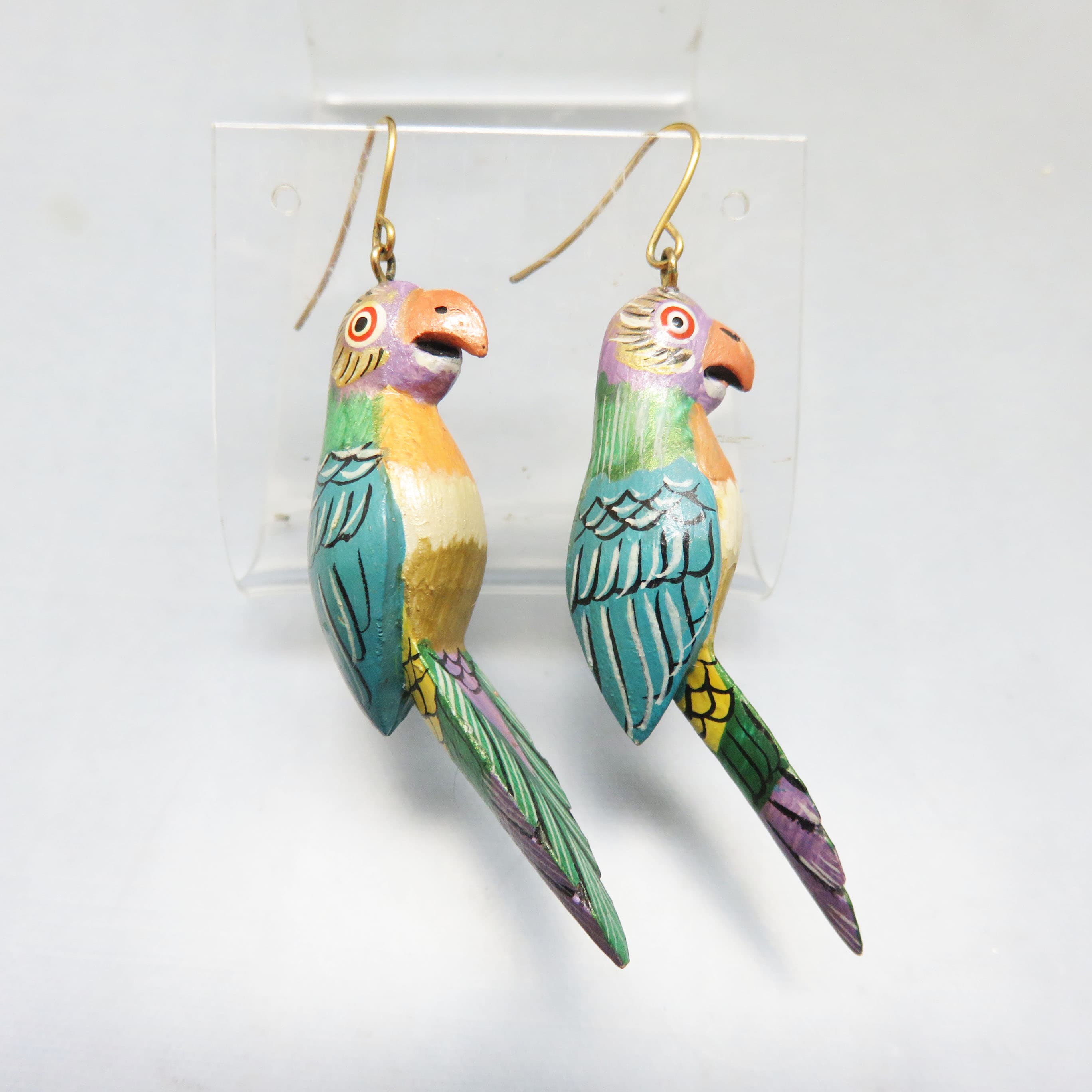 Hand-Painted Wooden Parrot Earrings – Carved Tropical Bird Dangles – Colorful Artisan,  French Hooks