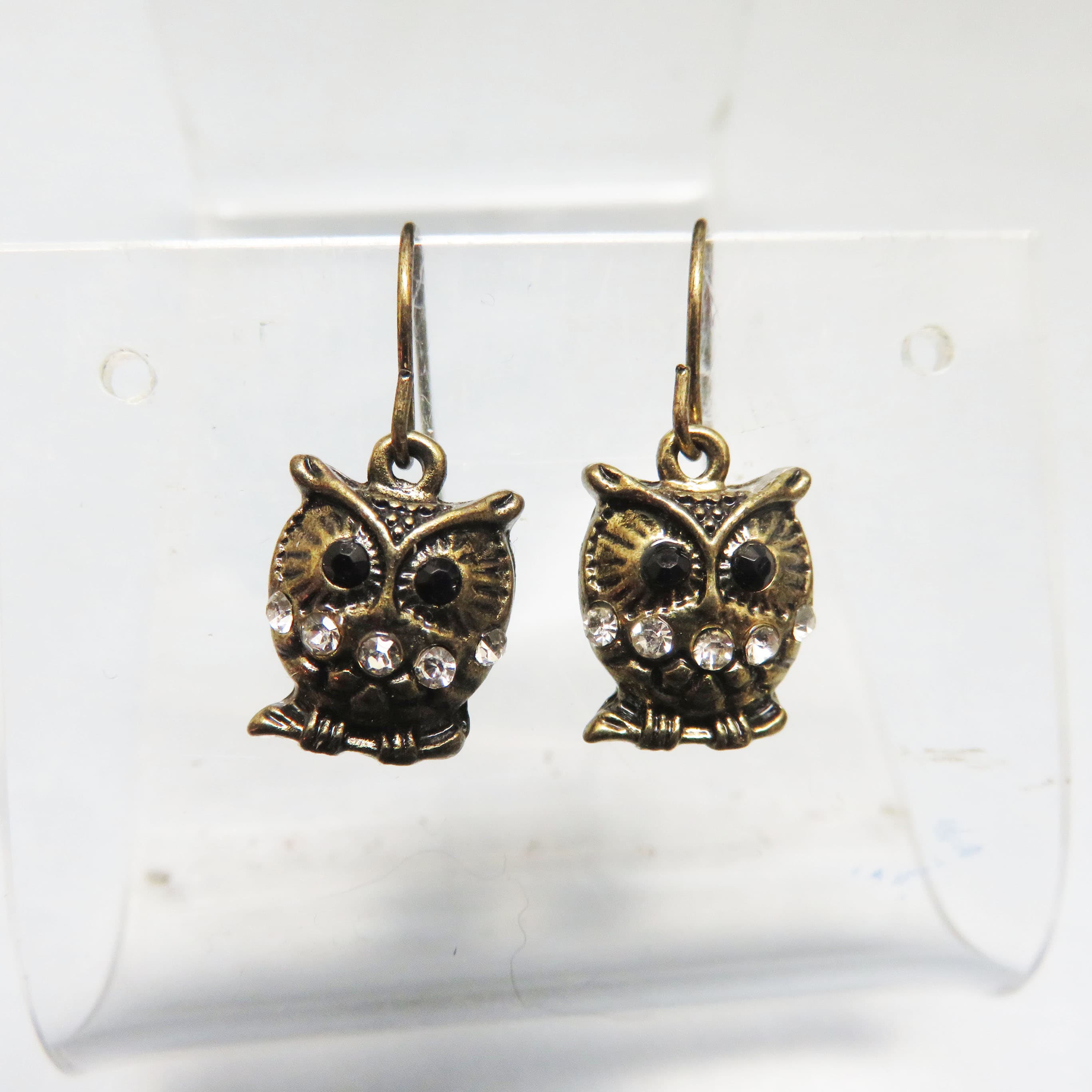 Antiqued Goldtone Owl Earrings – Black and Clear Rhinestone Bird Dangles – Petite French Hooks