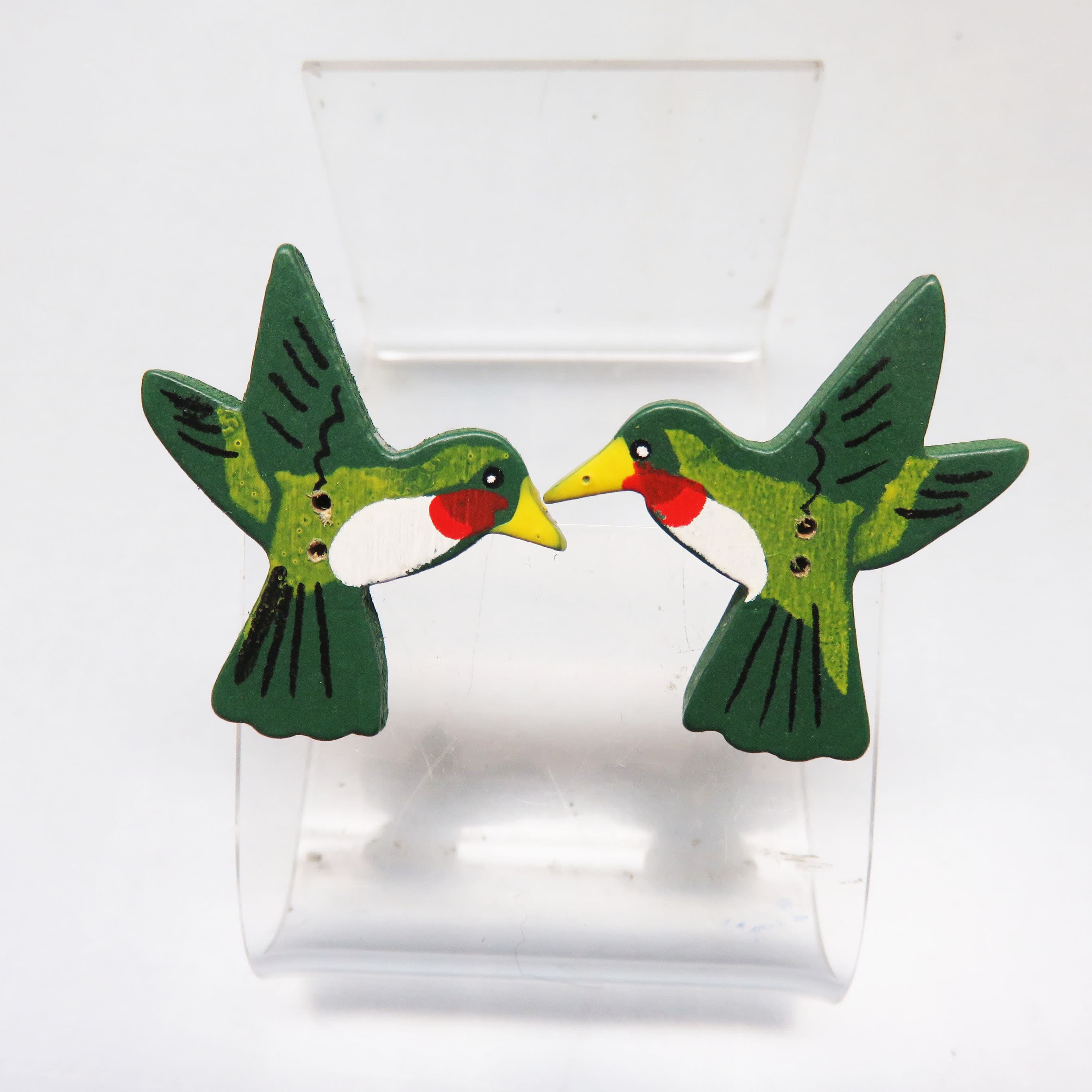 Vintage Wooden Hummingbird Earrings – Hand-Painted Button Conversion – Green Bird Statement Posts