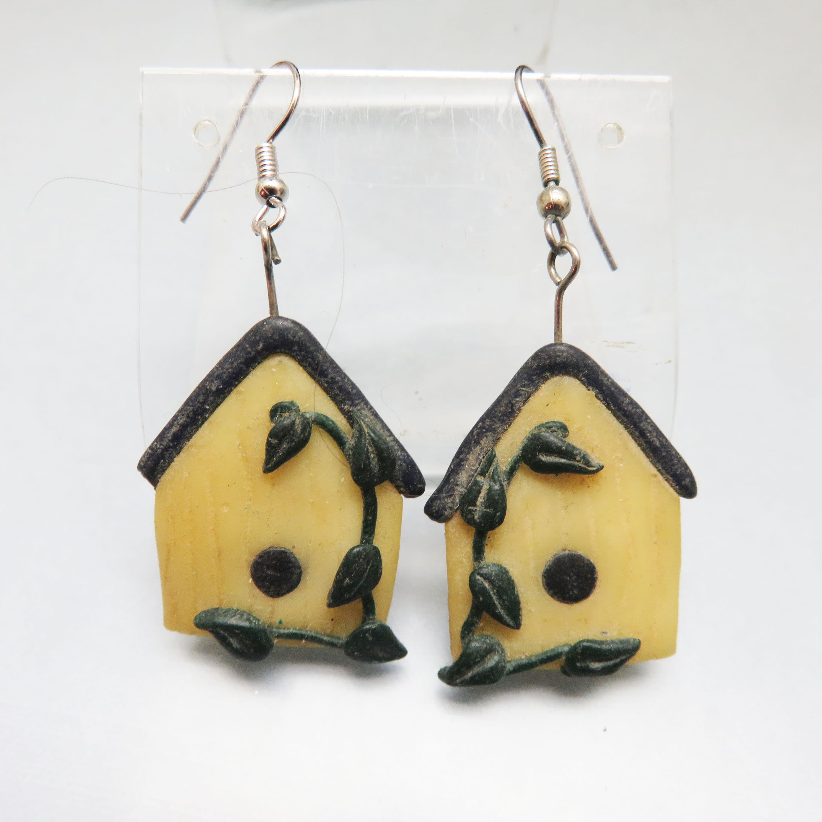 Vintage Polymer Clay Birdhouse Earrings – Handmade Yellow Cottage Dangles – Whimsical French Hooks